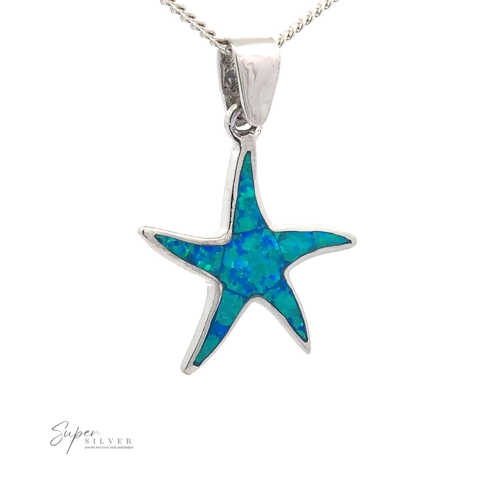 A captivating Blue Opal Sea Star Pendant showcased with its elegant blue-green opal inlay, set against a plain white background. The text "Super Silver" is prominently featured in the bottom-left corner, emphasizing the exquisite Ocean Jewelry.