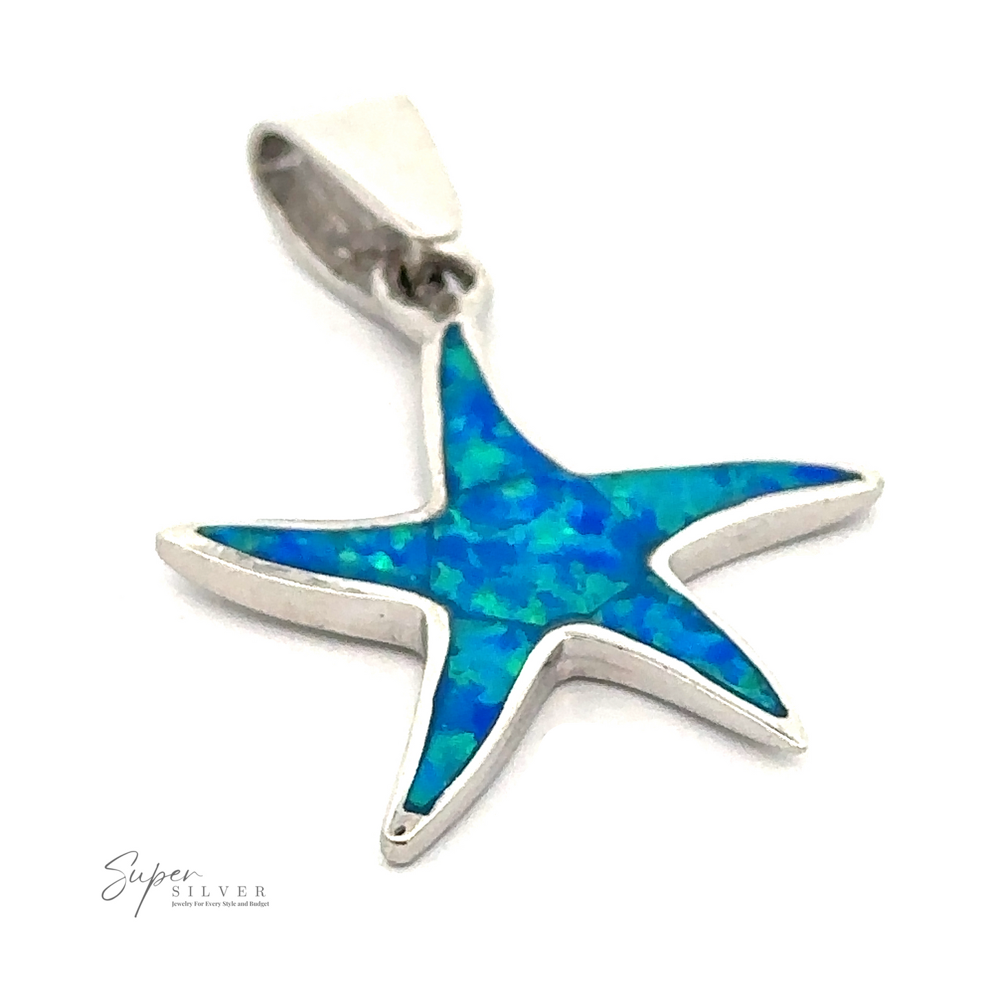The Blue Opal Sea Star Pendant features iridescent blue-green inlays bordered by silver. The simple and elegant design includes a small loop at the top for attaching to a chain, making it a perfect piece of ocean jewelry.