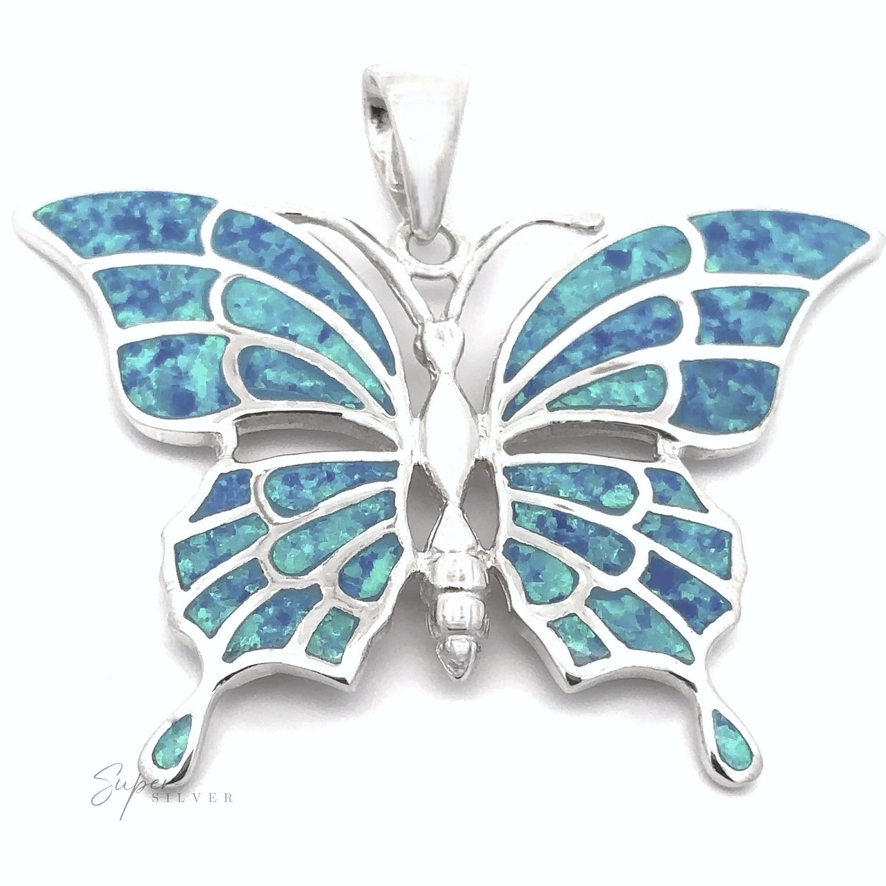 
                  
                    The Statement Lab-Created Opal Butterfly Pendant is crafted from sterling silver and features a butterfly shape with blue-green enamel and silver outlines. It includes a loop at the top for a chain and is adorned with lab-created opal accents.
                  
                