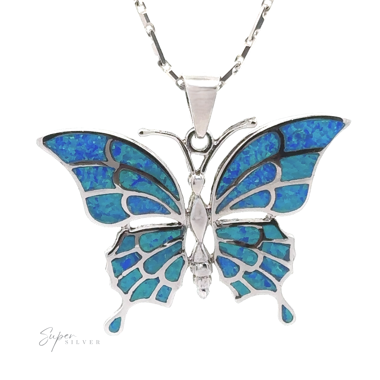 
                  
                    Statement Lab-Created Opal Butterfly Pendant: A sterling silver pendant featuring blue stained glass butterfly wings and accented with lab-created opal, elegantly displayed on a chain necklace.
                  
                