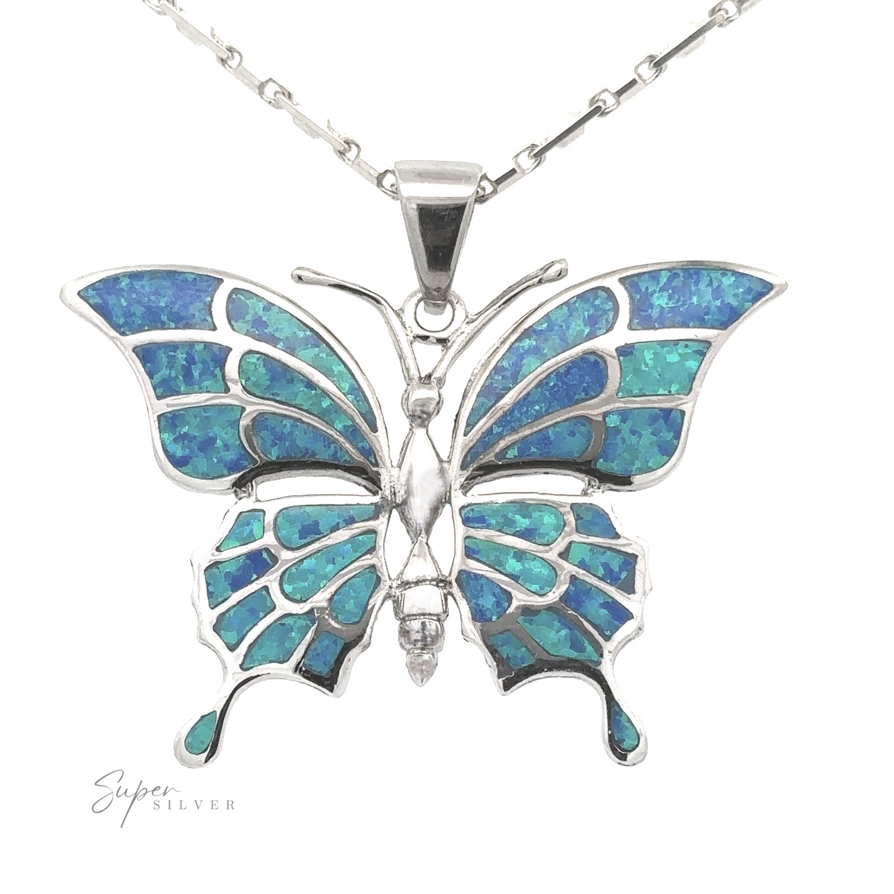 
                  
                    A sterling silver Statement Lab-Created Opal Butterfly Pendant featuring blue and green inlays on a delicate chain. The text "Super Silver" is printed near the bottom left of the image.
                  
                