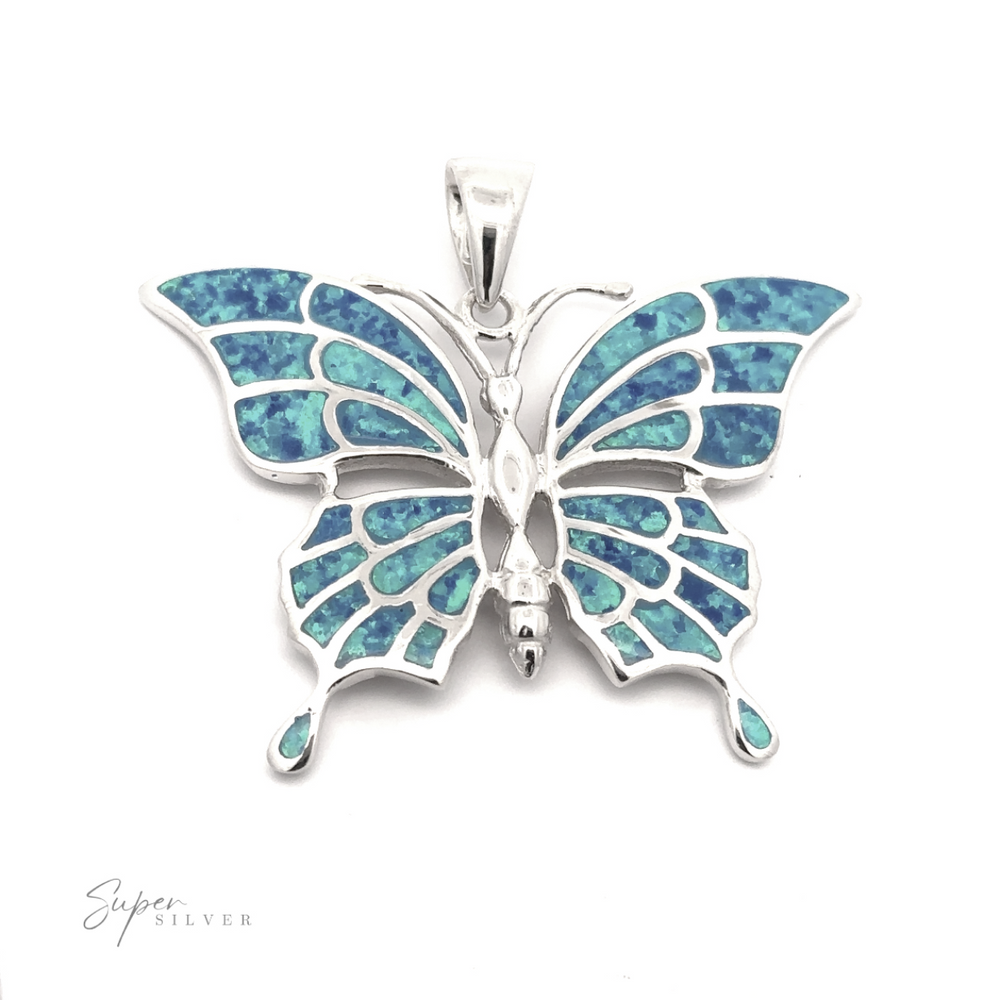 
                  
                    The Statement Lab-Created Opal Butterfly Pendant, crafted in sterling silver, features stunning blue and green opal inlays and is beautifully displayed against a white background.
                  
                