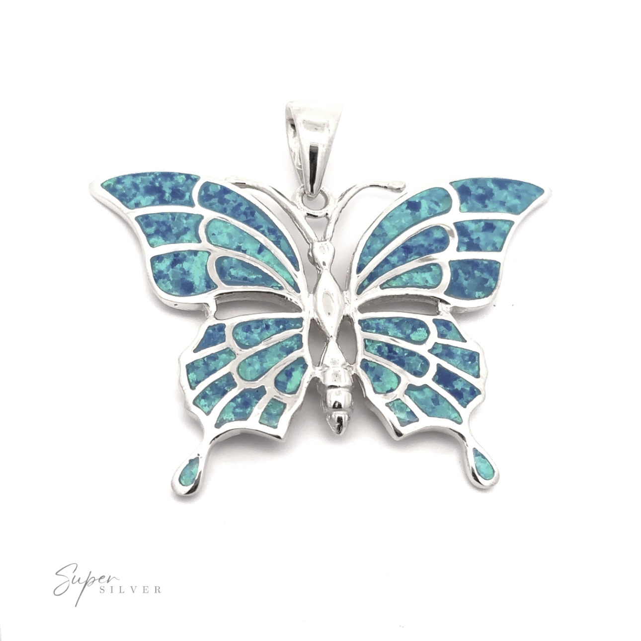 The Statement Lab-Created Opal Butterfly Pendant, crafted in sterling silver, features stunning blue and green opal inlays and is beautifully displayed against a white background.