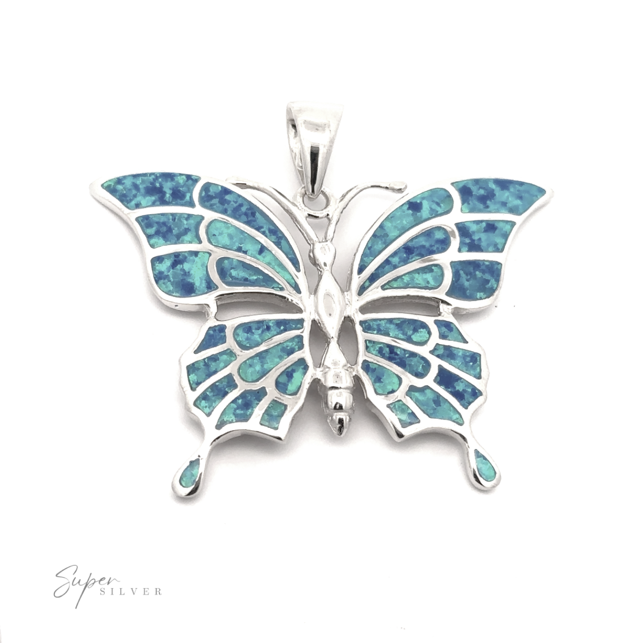 
                  
                    The Statement Lab-Created Opal Butterfly Pendant, crafted in sterling silver, features stunning blue and green opal inlays and is beautifully displayed against a white background.
                  
                