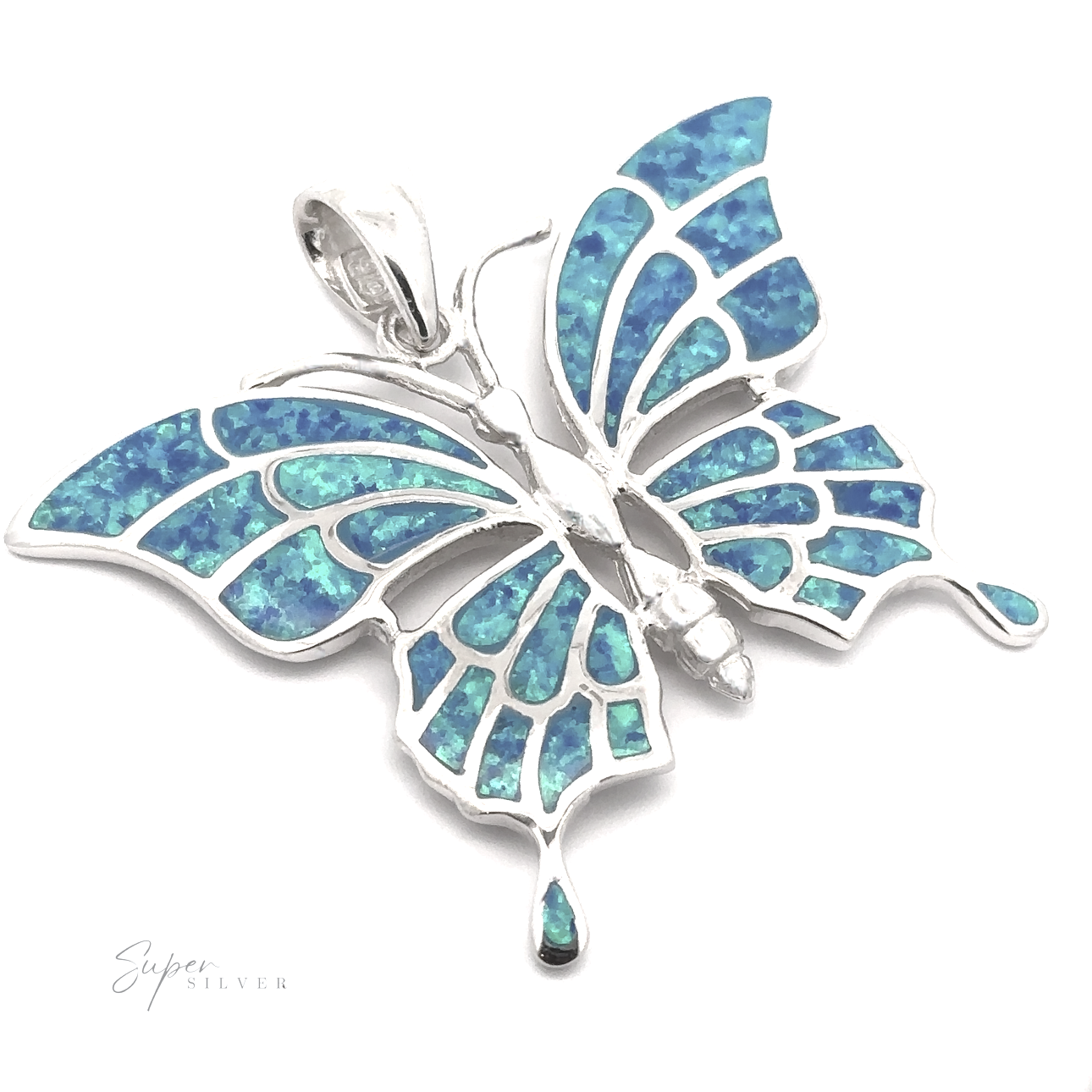 The Statement Lab-Created Opal Butterfly Pendant is a stunning piece, featuring intricate blue and green enamel detailing on its wings, crafted in shimmering sterling silver. Highlighted with a lab-created opal, this eye-catching accessory adds elegance to any outfit.