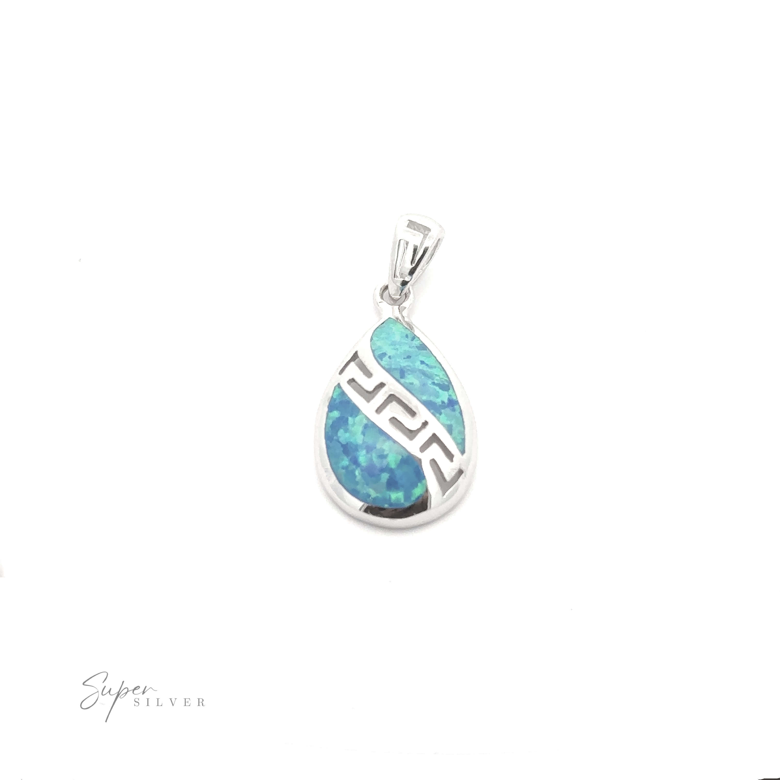 The Teardrop Lab-Created Opal Pendant showcases a blue opal-like center beautifully encased in a striking silver Greek key design, suspended from a sleek silver bail against a plain white background.