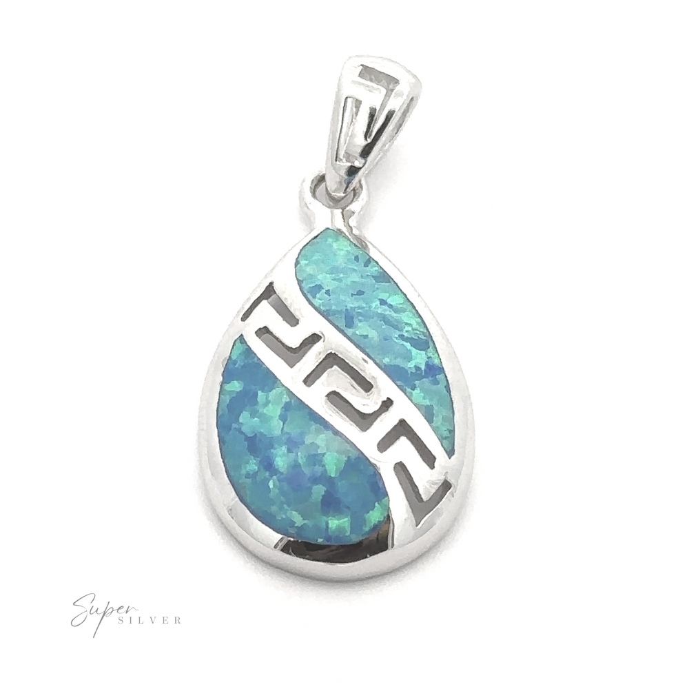 
                  
                    The **Teardrop Lab-Created Opal Pendant** showcases a blue-green opal stone set within silver embellishments, featuring a pronounced loop for attaching to a necklace and adorned with an intricate Greek key design.
                  
                