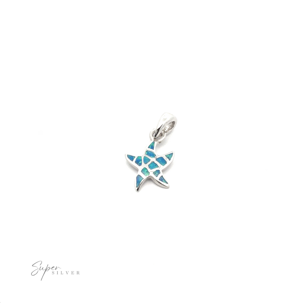 
                  
                    The Small Lab-Created Opal Sea Star Pendant showcases a beautifully crafted silver starfish with a blue opal inlaid design on a white background. This ocean-inspired jewelry piece captures the beauty of the sea, making it perfect for any beach lover.
                  
                