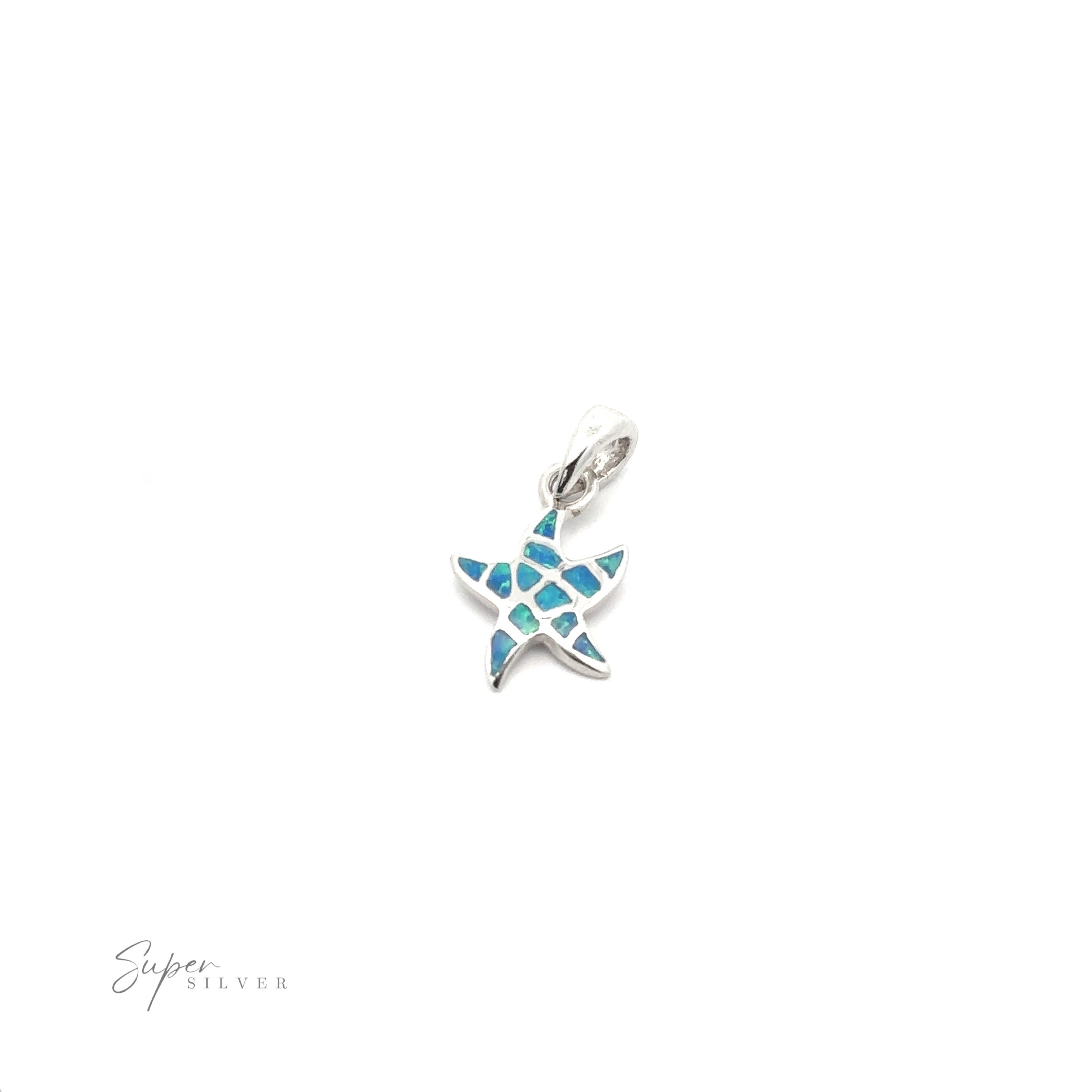 The Small Lab-Created Opal Sea Star Pendant showcases a beautifully crafted silver starfish with a blue opal inlaid design on a white background. This ocean-inspired jewelry piece captures the beauty of the sea, making it perfect for any beach lover.