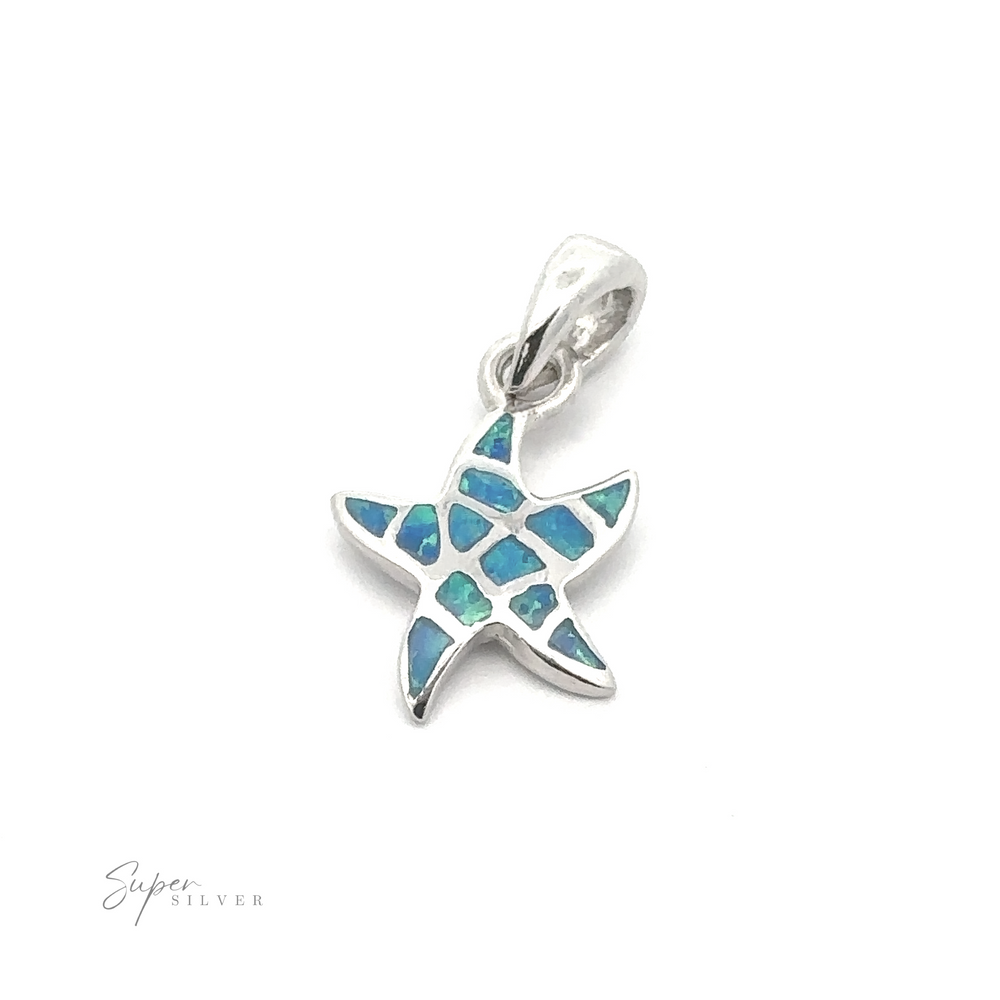 
                  
                    A stunning silver Small Lab-Created Opal Sea Star Pendant with blue and green inlay, complete with a small loop for attaching to a necklace—an exquisite piece of ocean-inspired jewelry.
                  
                