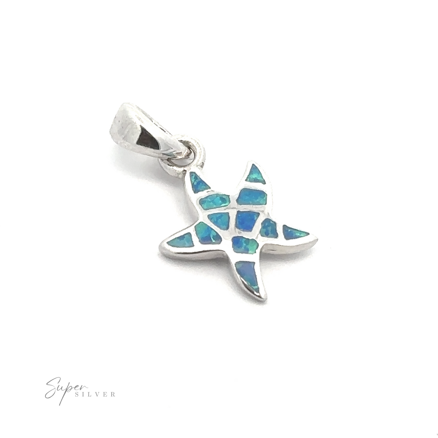 
                  
                    A small silver and blue sea star pendant featuring geometric segment designs on a white background, with the text "Super Silver" at the bottom-left. This ocean-inspired piece, named the Small Lab-Created Opal Sea Star Pendant, beautifully captures serene marine vibes.
                  
                