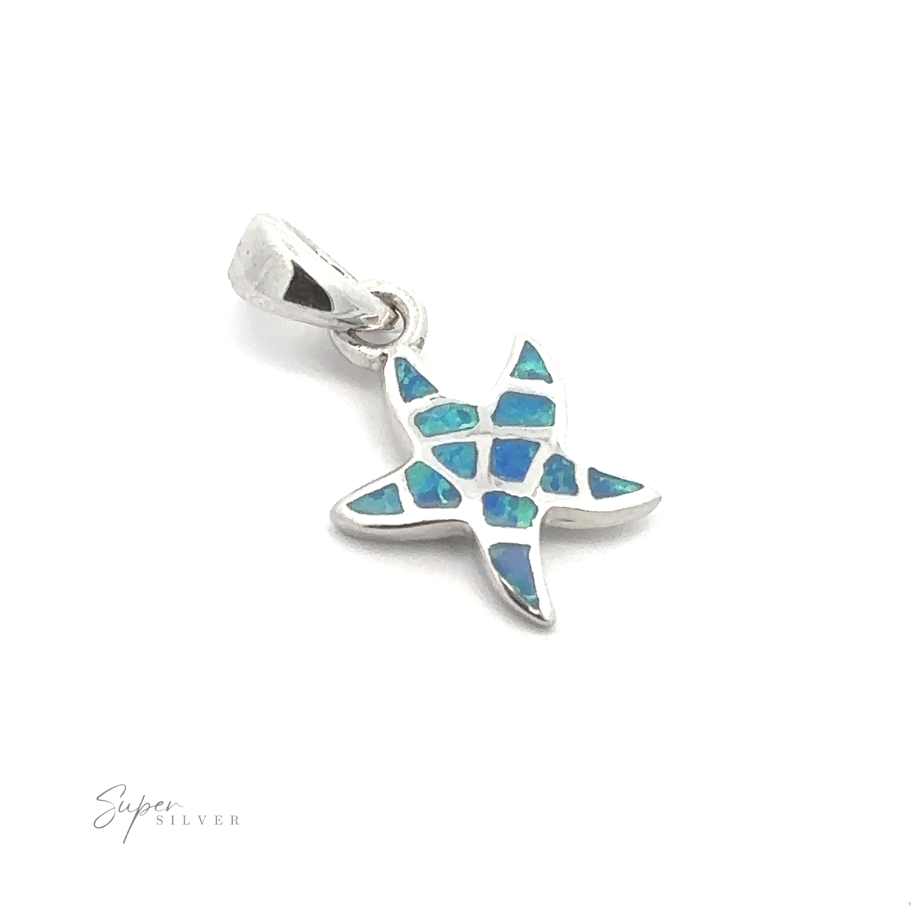 A small silver and blue sea star pendant featuring geometric segment designs on a white background, with the text "Super Silver" at the bottom-left. This ocean-inspired piece, named the Small Lab-Created Opal Sea Star Pendant, beautifully captures serene marine vibes.