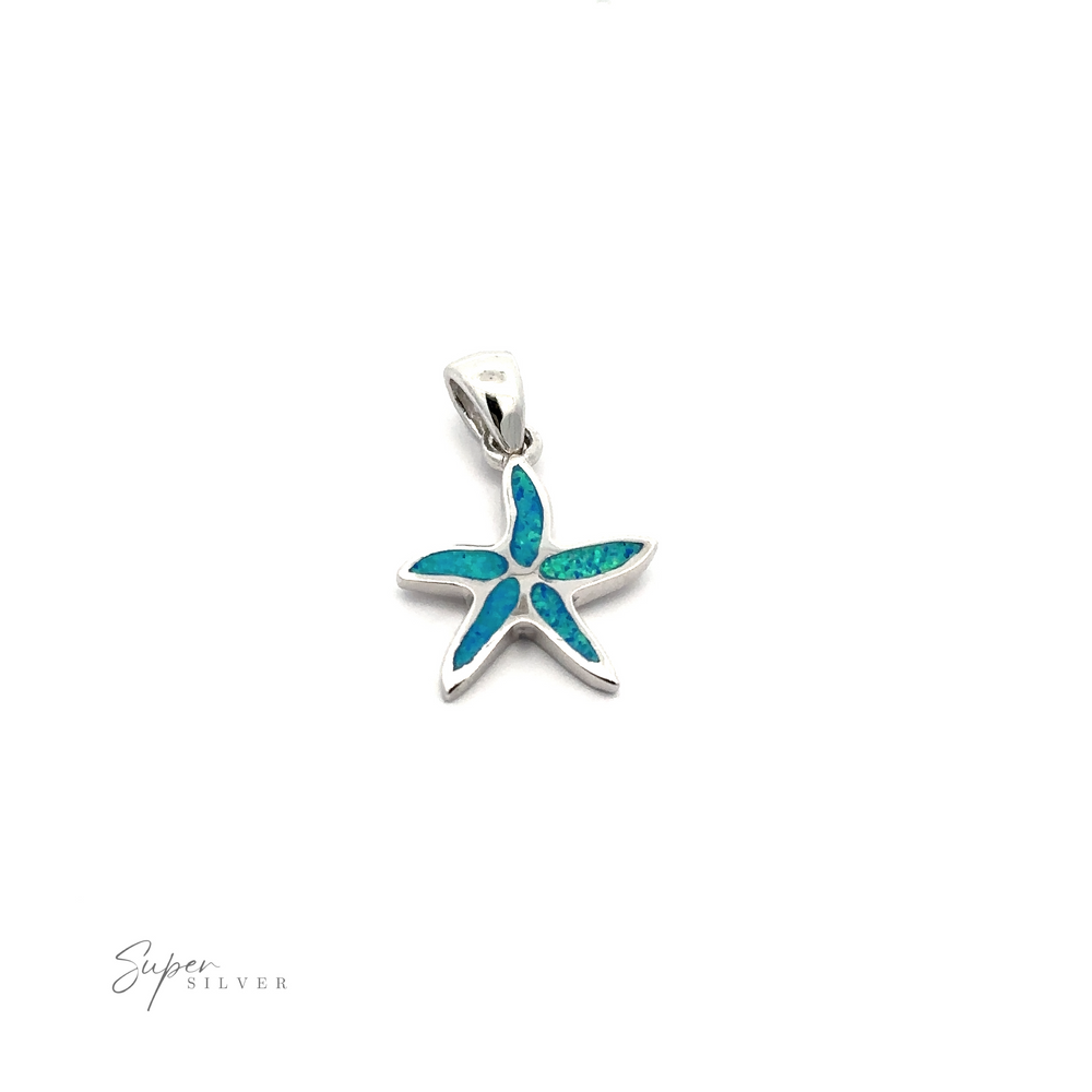 
                  
                    The Lab-Created Opal Sea Star Pendant is a stunning necklace featuring a silver starfish adorned with a blue-green lab-created opal inlay set against a white background. The "Super Silver" logo is elegantly displayed in the bottom left corner.
                  
                