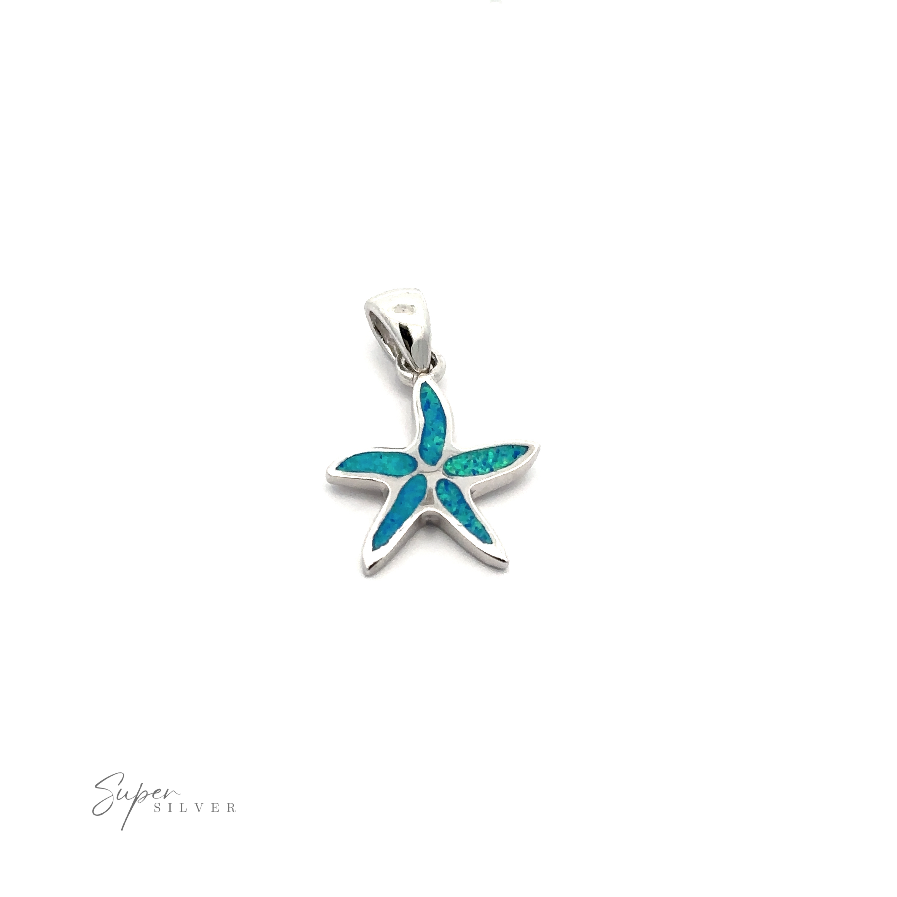 The Lab-Created Opal Sea Star Pendant is a stunning necklace featuring a silver starfish adorned with a blue-green lab-created opal inlay set against a white background. The "Super Silver" logo is elegantly displayed in the bottom left corner.