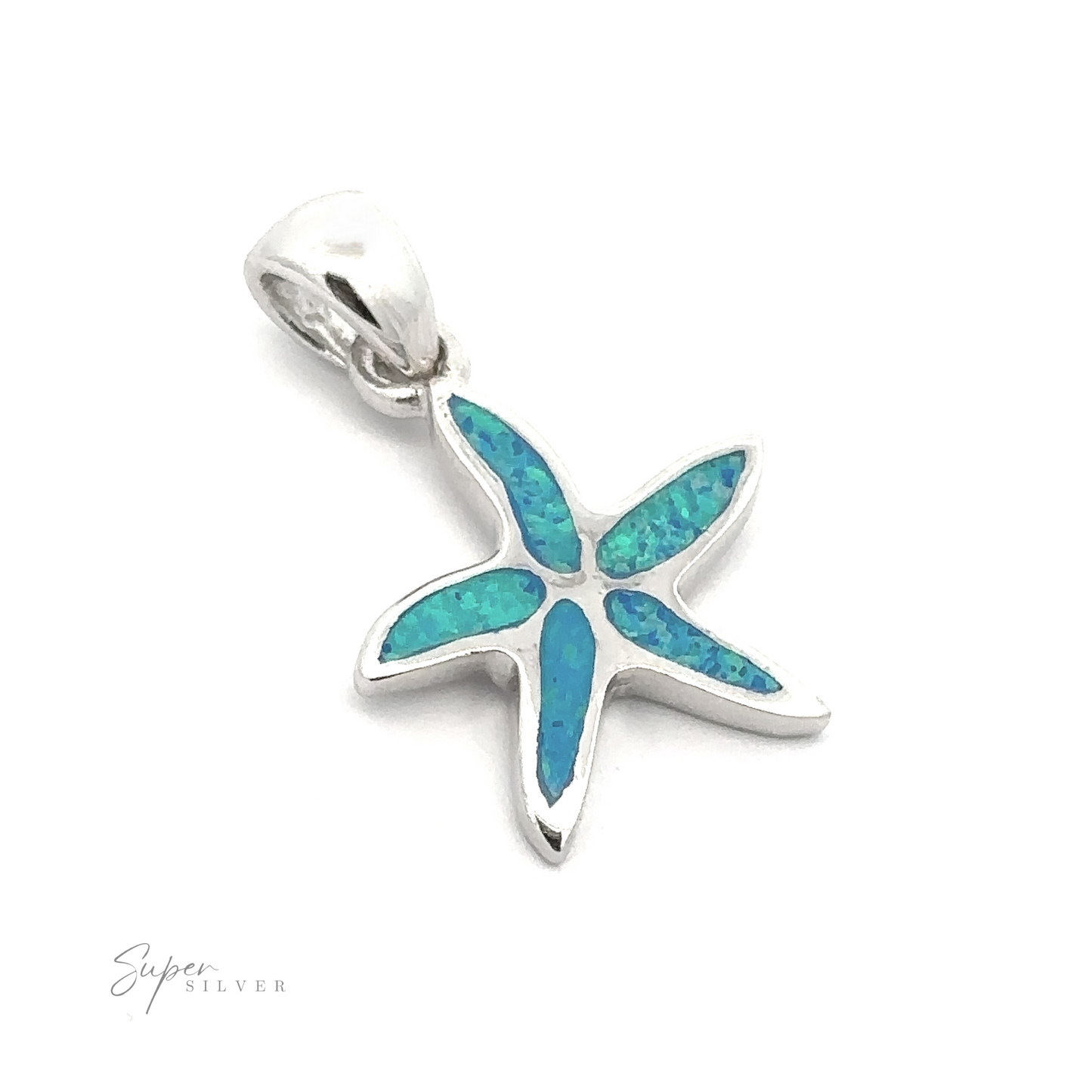 The Lab-Created Opal Sea Star Pendant features blue-green lab-created opal inlays set in a silver sea star design, complete with a small loop at the top for easy attachment to a chain, and is showcased against a white background.