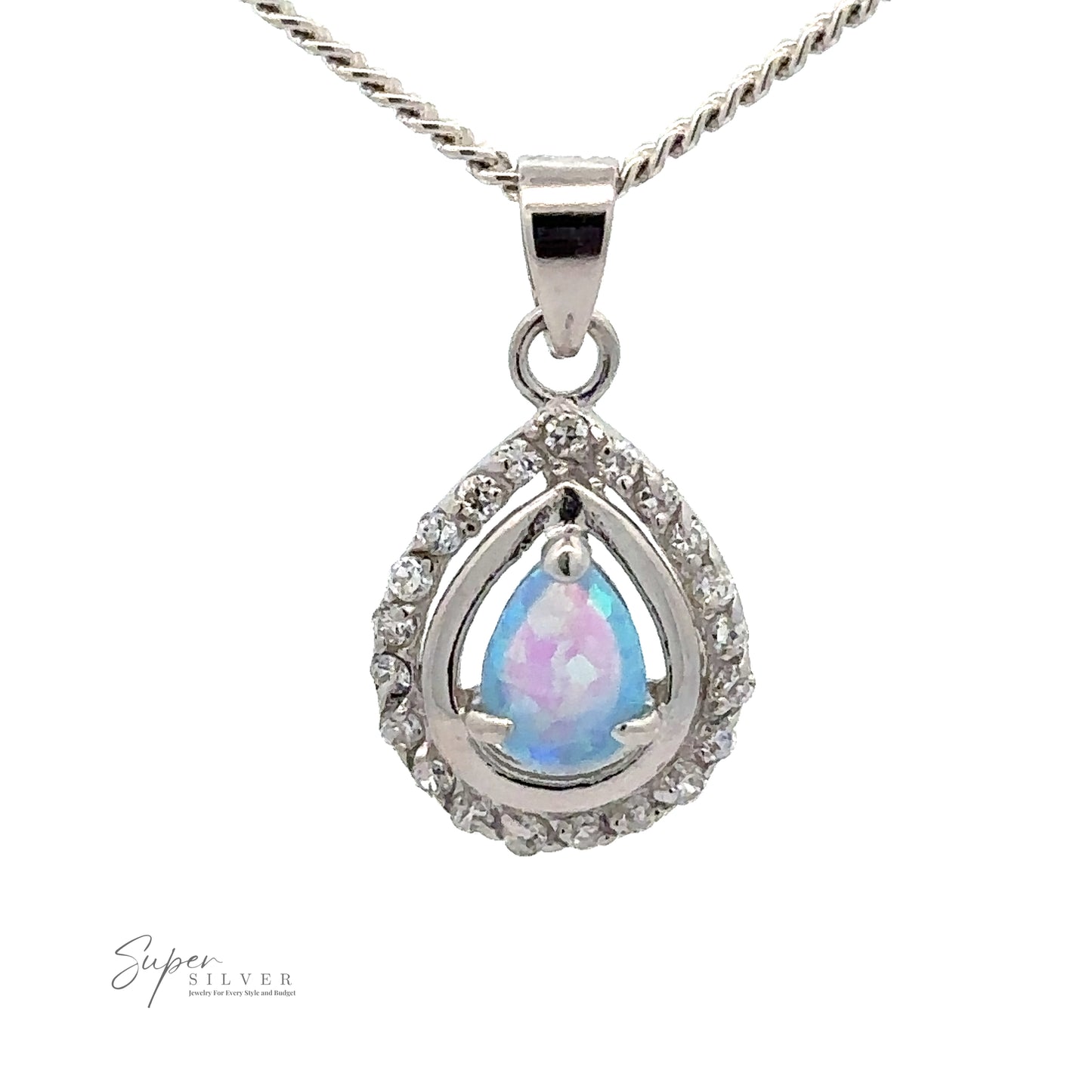 
                  
                    A silver necklace with a teardrop-shaped pendant featuring an iridescent, lab-created opal stone surrounded by small clear crystals, reflecting the elegance of Opal Pendants with Cubic Zirconia.
                  
                