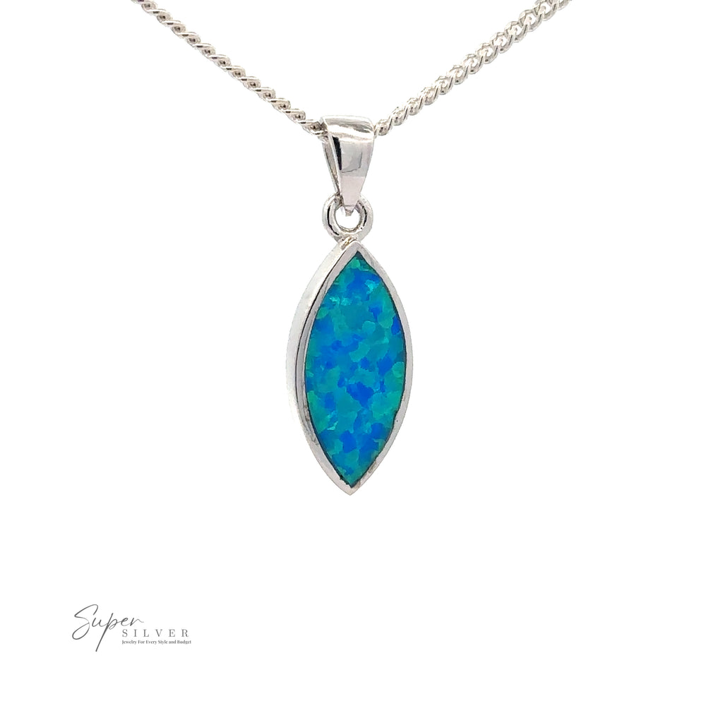 A Marquise-Shaped Blue Opal Pendant with a marquise-shaped blue opal pendant, showcasing a mix of green and blue hues against a white background. The chain features a simple, twisted design. The logo "Super Silver" is visible in the corner.