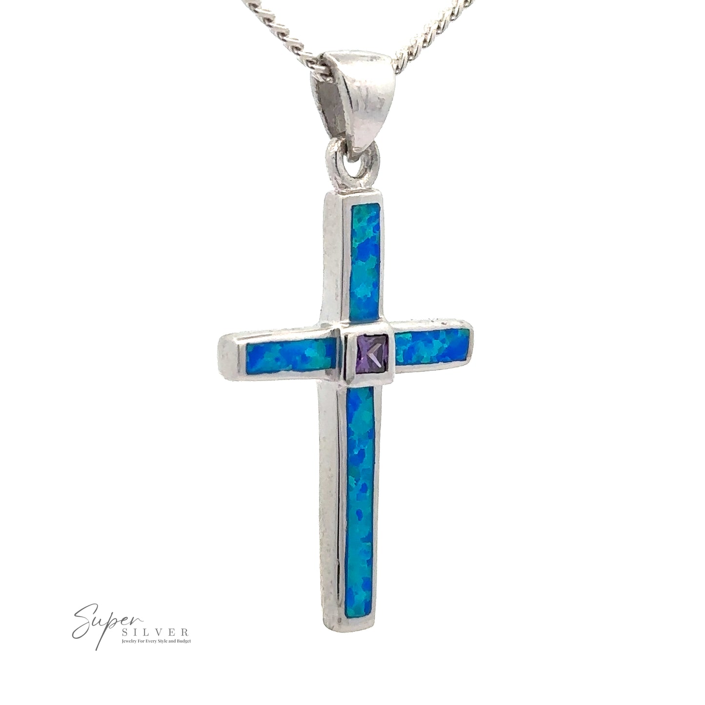 A stunning Blue Opal Cross Pendant With Amethyst Stone, hanging gracefully from a twisted .925 Sterling Silver chain. The inscription "Super Silver" is elegantly etched in the lower left corner.