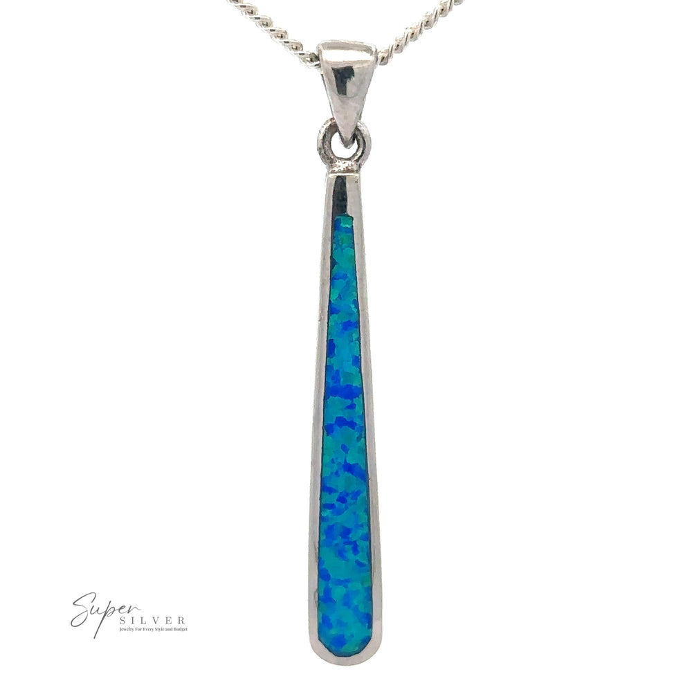 A silver necklace with an Elongated Teardrop Blue Opal Pendant featuring a stunning rhodium finish.
