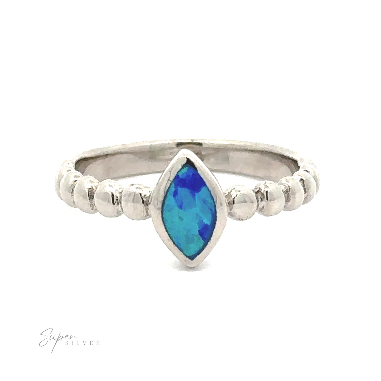
                  
                    Silver ring featuring a Marquise Lab-Created Opal set in a simple bezel on a beaded band.
                  
                