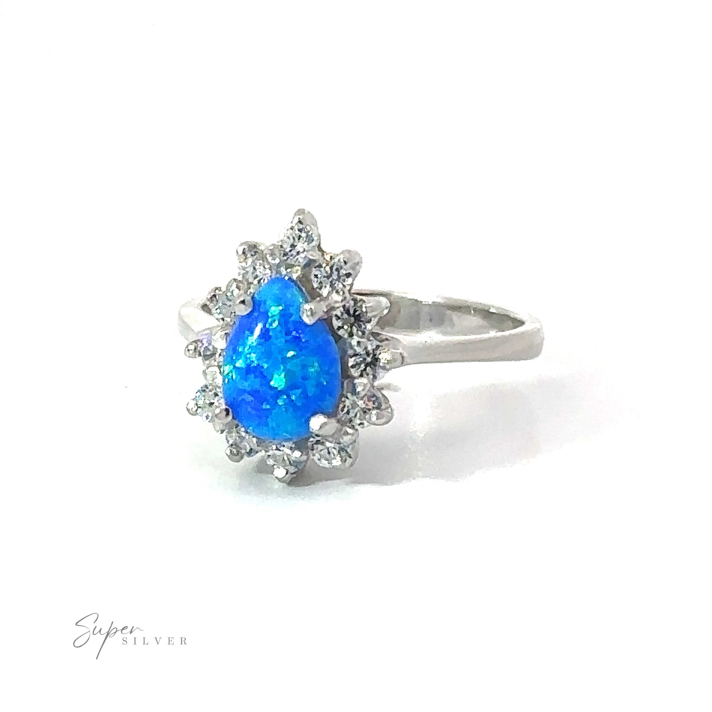 Sentence with updated product name: Silver Opal Teardrop Ring with Cubic Zirconias.
