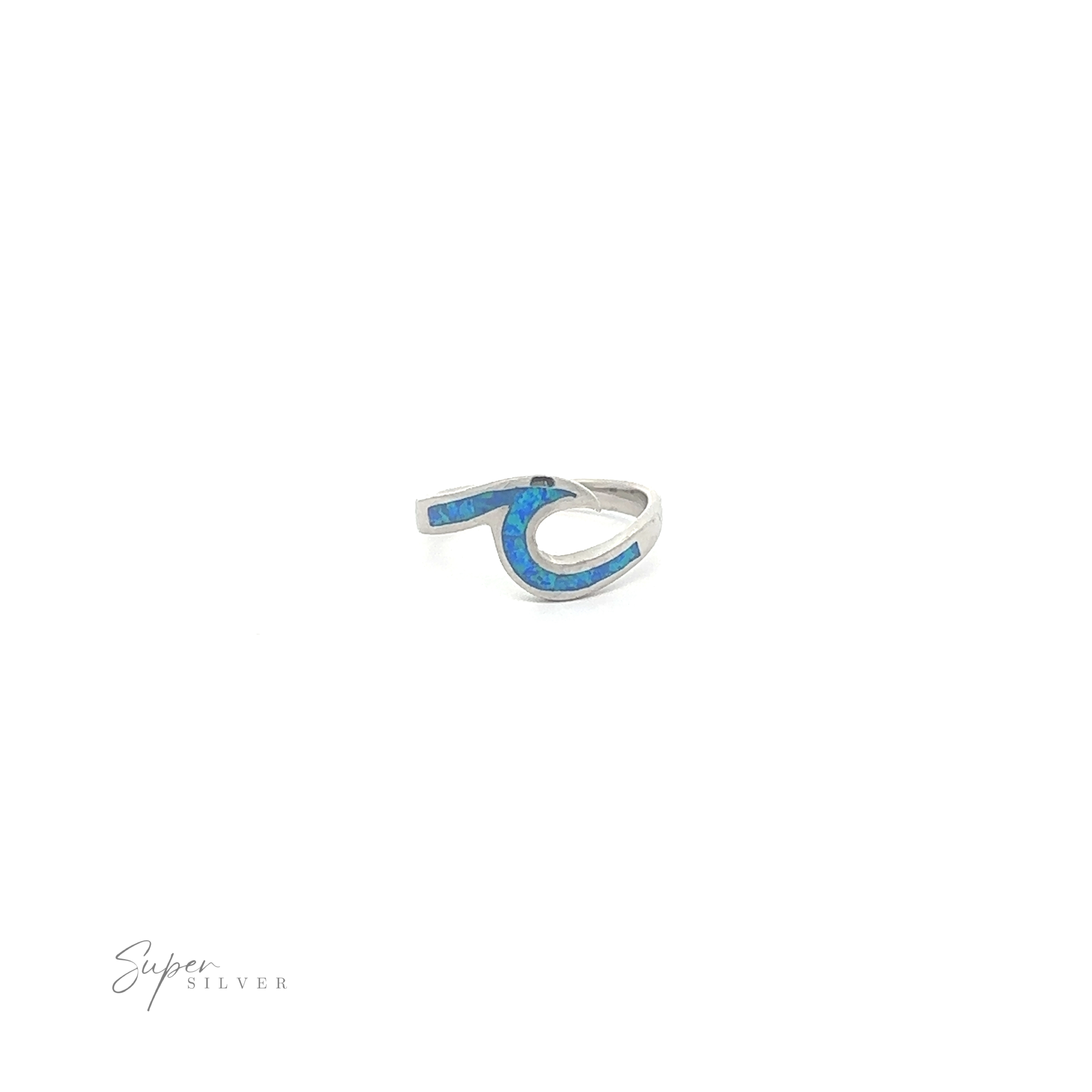 Wave Ring with Sparkling Inlaid Lab-Opal on a white background.