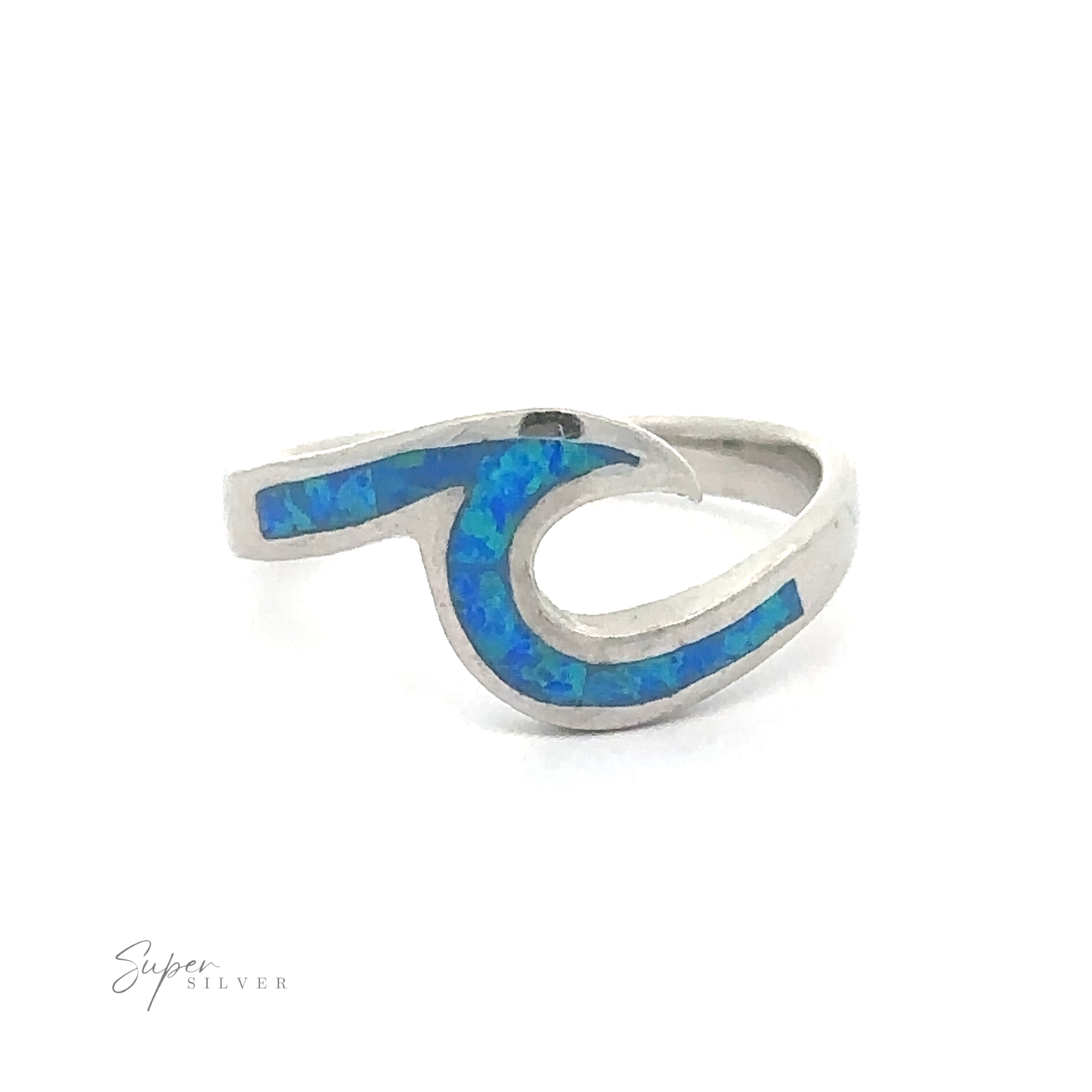 A silver Wave Ring with Sparkling Inlaid Lab-Opal on a white background, evoking the ocean's essence.