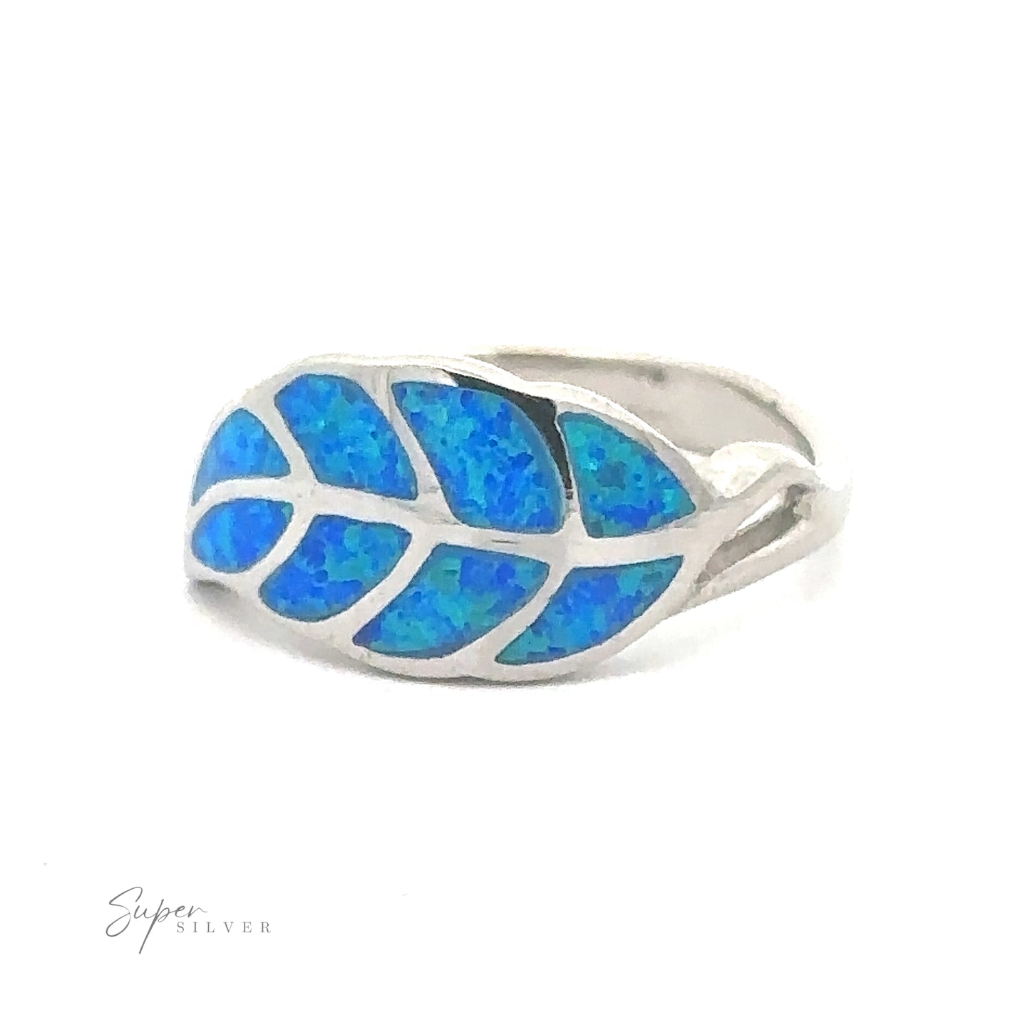 
                  
                    Lab Opal Feather Ring with ethereal blue opal inlay.
                  
                