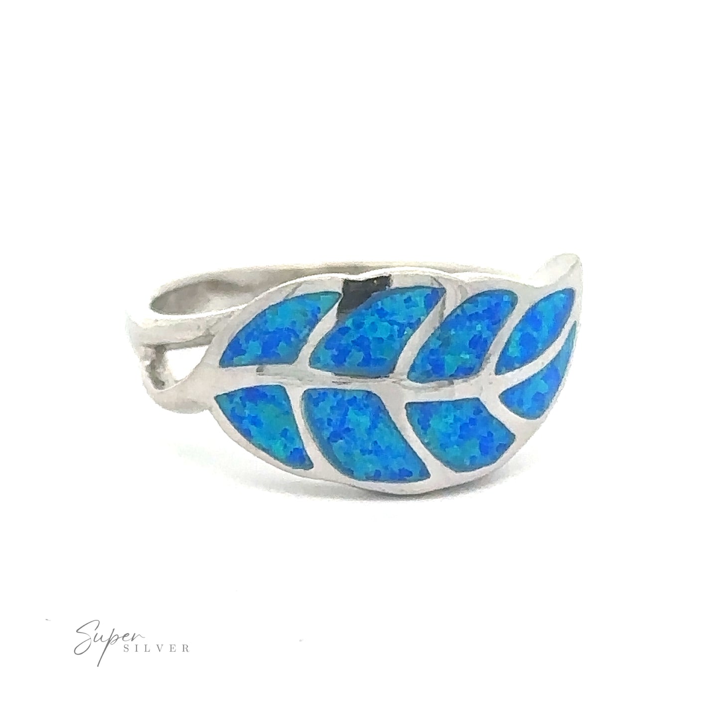 
                  
                    Lab Opal Feather Ring with blue opal inlay designed to resemble an ethereal leaf.
                  
                