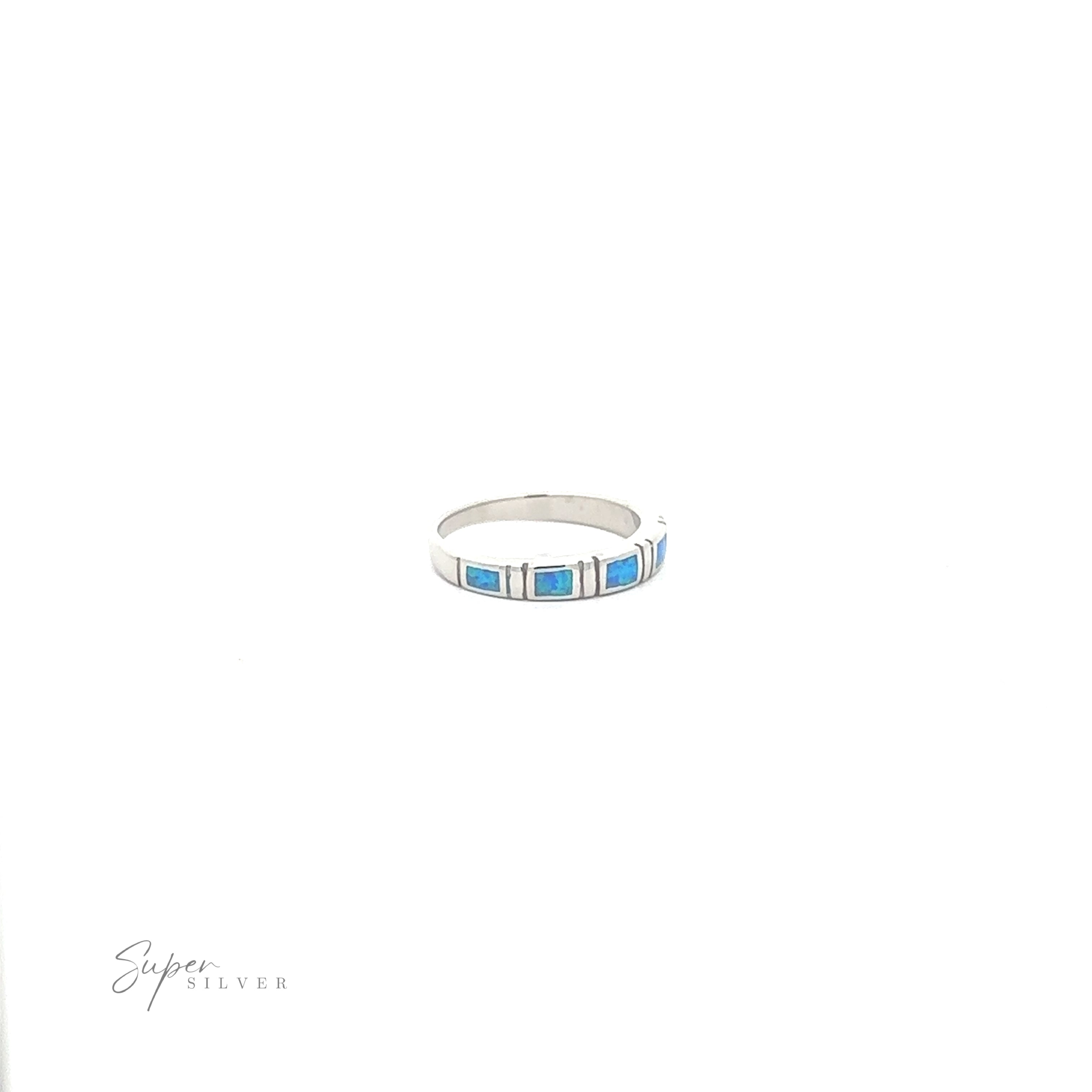 Sterling silver Stackable Band with Square Lab Opals on a white background.
