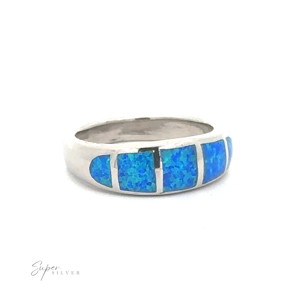 Tapered Lab-Opal band with blue inlay, lightweight and durable, on a white background.