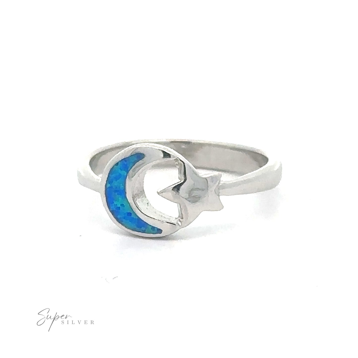 
                  
                    Moon and Star Ring with Lab-Created Opal featuring a crescent moon and star design on a white background.
                  
                