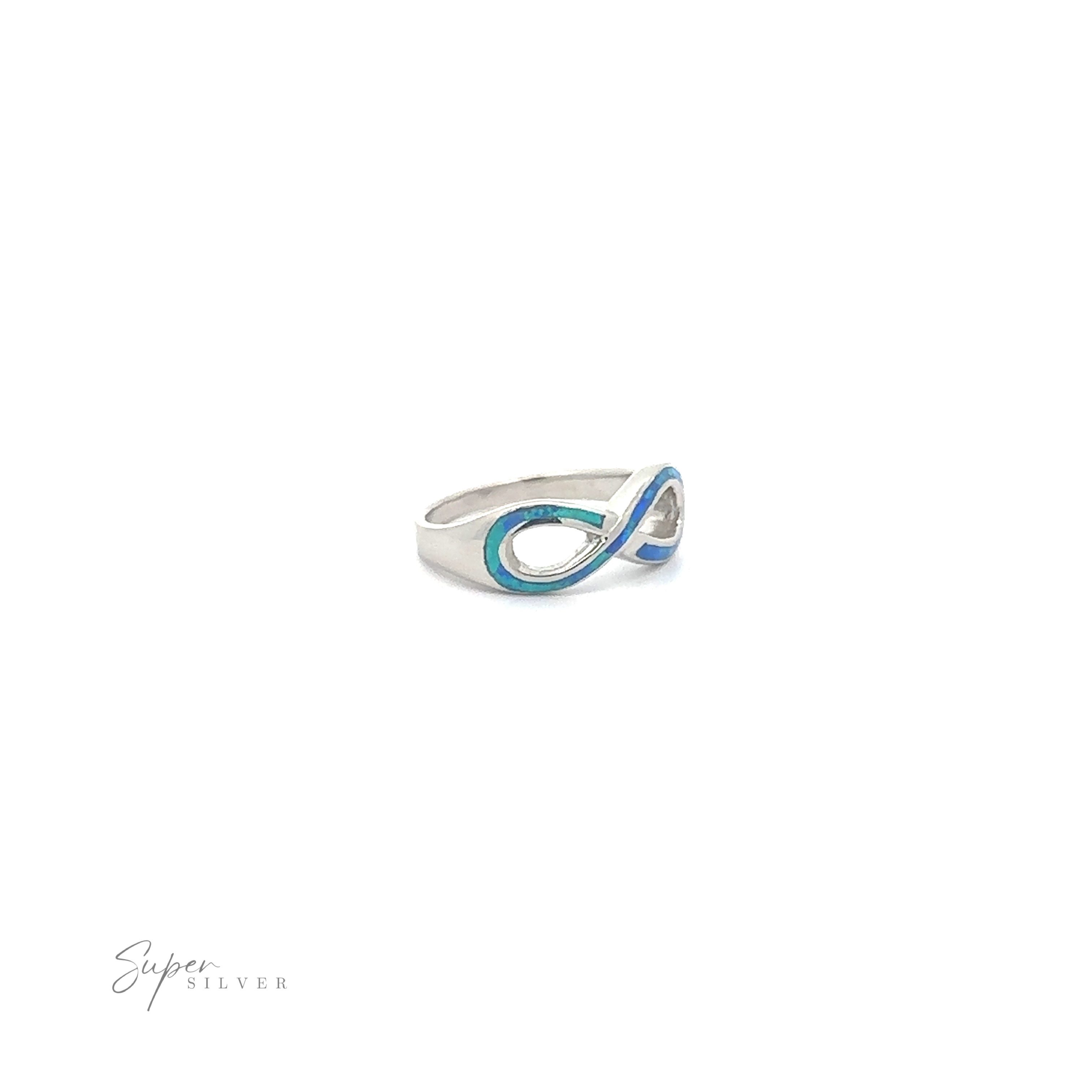 A stylish silver Opal Infinity Ring with a blue opal gemstone accent on a white background.