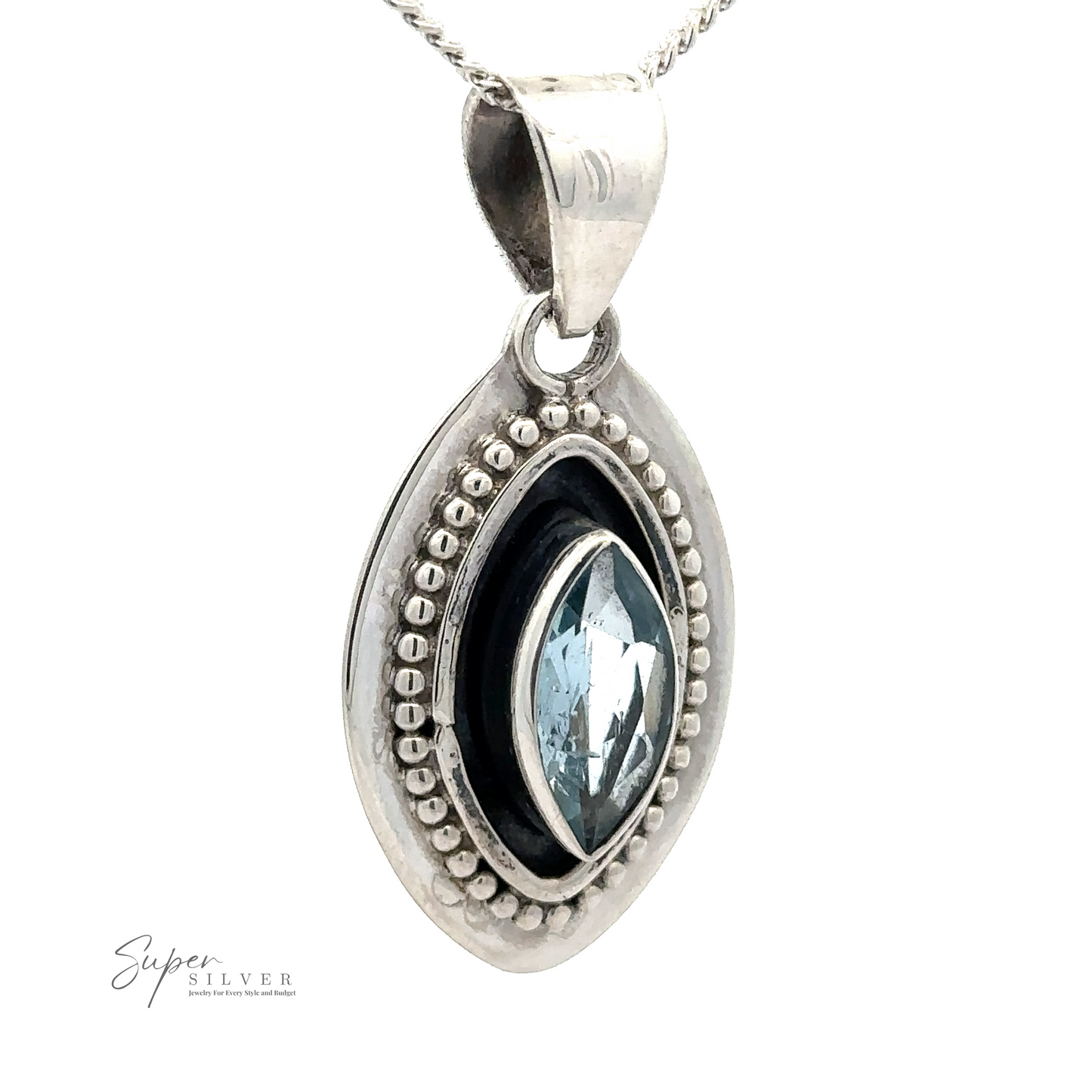 A Beautiful Marquise Pendant With Beaded Design featuring an oval-shaped blue gemstone set within a beaded design, with the text "Super Silver" visible in the corner.
