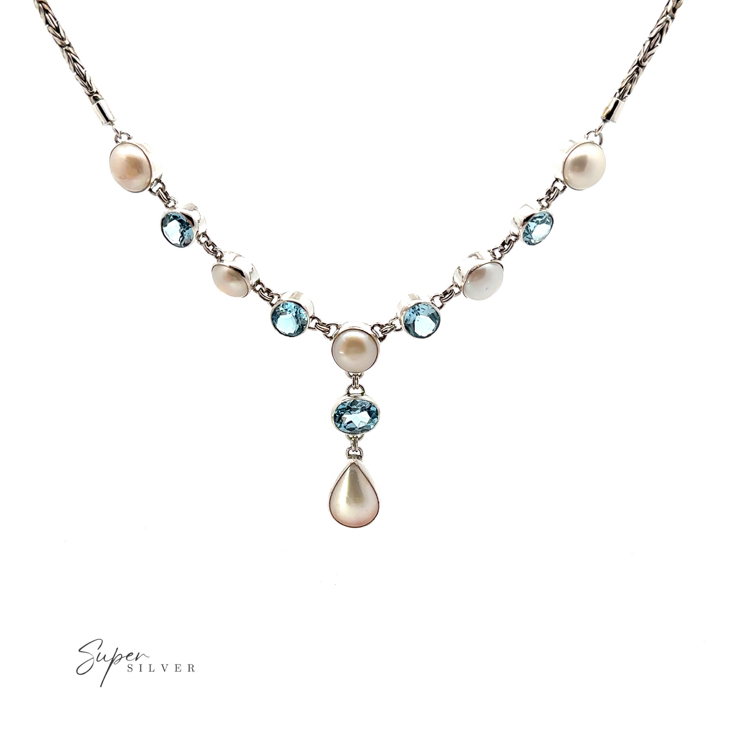 
                  
                    A Stunning Pearl and Gemstone Statement Necklace featuring a combination of pearlescent and blue gemstones, with an elegant teardrop-shaped pearl pendant at the center. Crafted from Sterling Silver, the brand "Super Silver" is displayed in the lower left corner.
                  
                