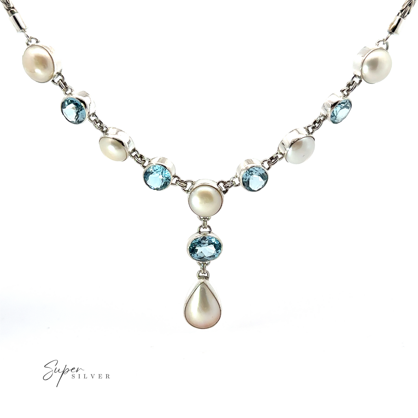 
                  
                    A Stunning Pearl and Gemstone Statement Necklace featuring alternating round blue gemstones and pearls, with a teardrop-shaped pearl pendant in the center. Crafted in Sterling Silver, it proudly displays "Super Silver" in the lower left corner.
                  
                