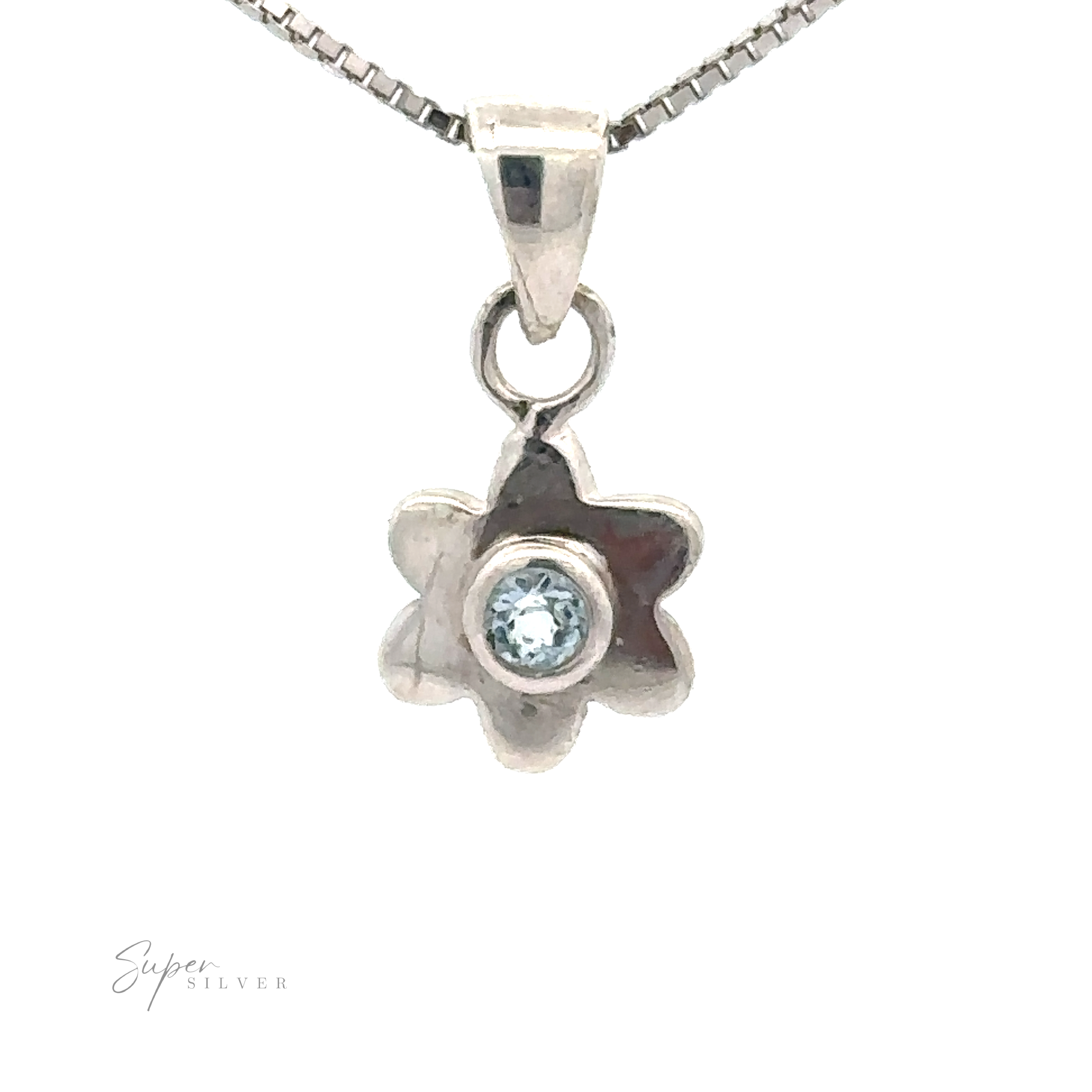 Tiny Gemstone Flower Pendant on a delicate silver chain.