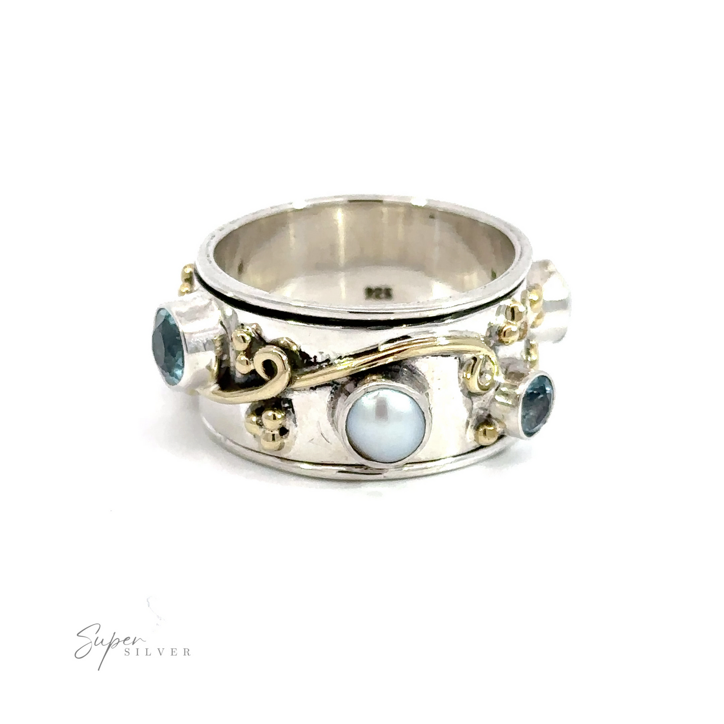 A Pearl and Blue Topaz Spinner with Gold Accents adorned with delicate pearls and a vibrant blue topaz.