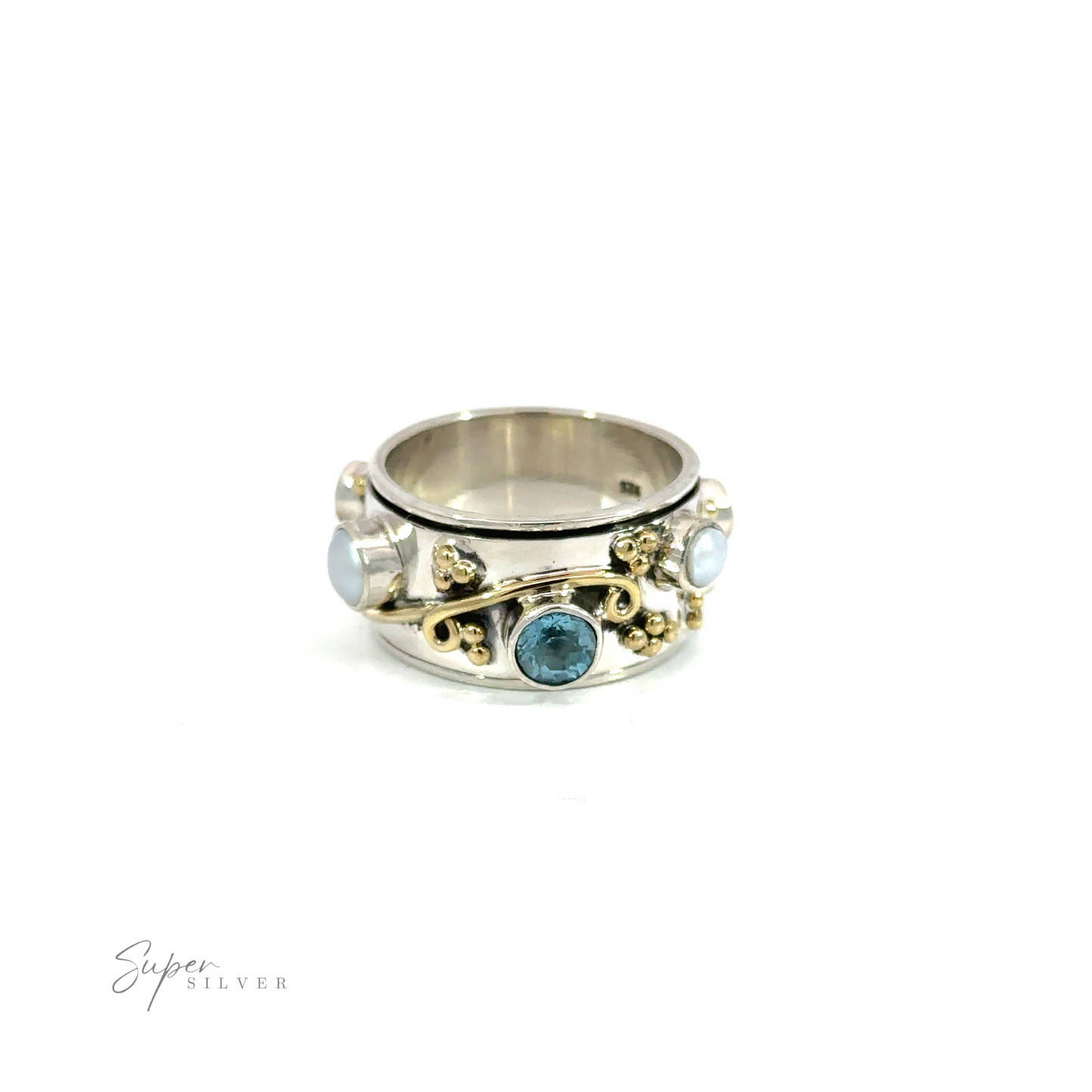 
                  
                    A Pearl and Blue Topaz Spinner with Gold Accents, crafted in Sterling Silver.
                  
                