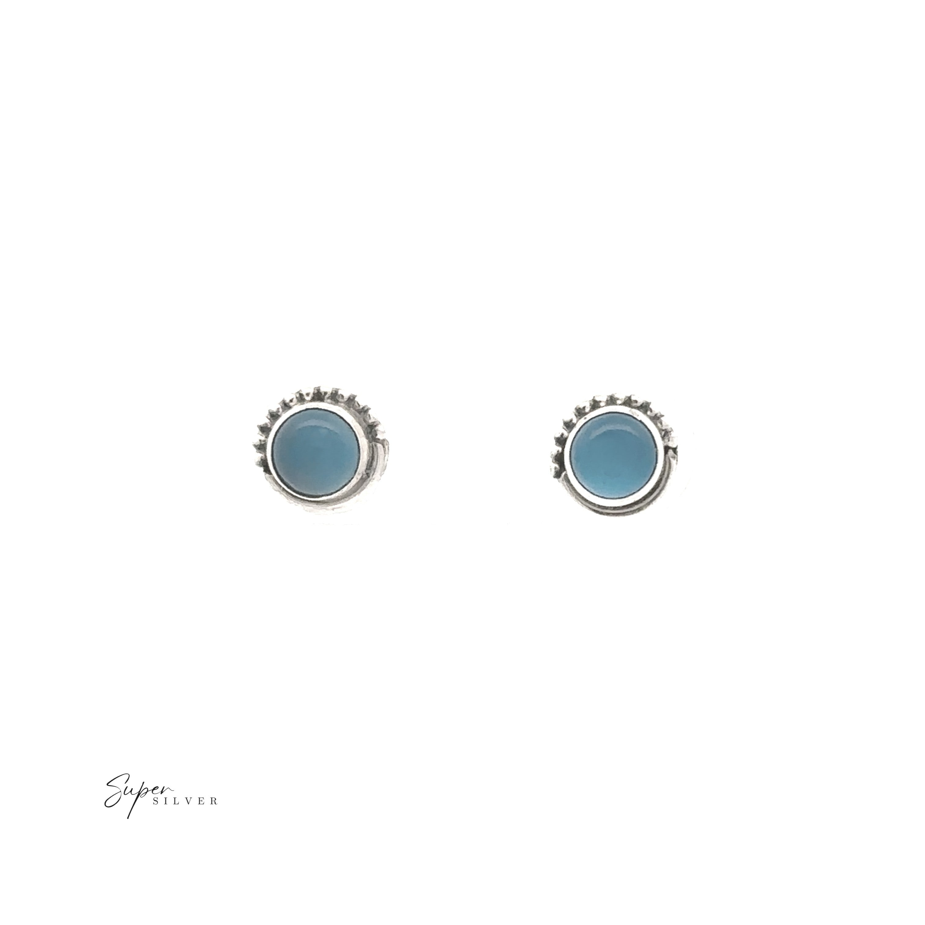 5mm Gemstone Studs With Half Bead Design in sterling silver featuring blue stone centers, shown on a white background with the "Super Silver" logo in the bottom left corner.