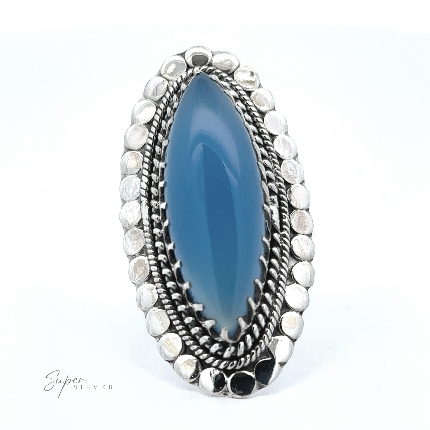 
                  
                    A **Statement Marquise Shaped Gemstone Ring** with a marquise-shaped blue gemstone set in the center, surrounded by intricate silver detailing, offering a touch of bohemian jewelry elegance.
                  
                