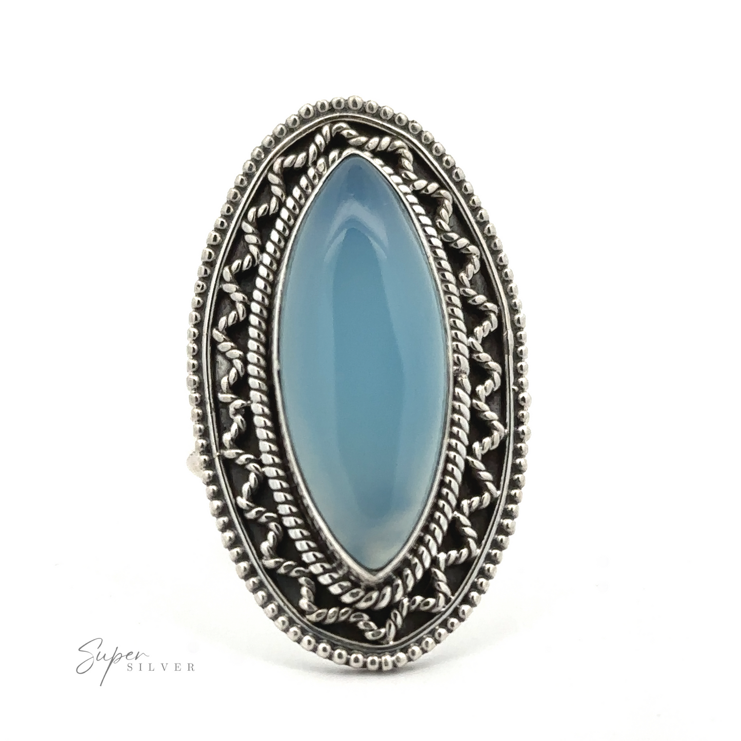 
                  
                    An oval-shaped blue gemstone ring with an intricate silver setting and detailed metalwork on the band, displayed against a white background. The marquise shaped gemstone ring with vintage shield border craftsmanship adds a bohemian twist. Text "Super Silver" in the bottom left corner.
                  
                