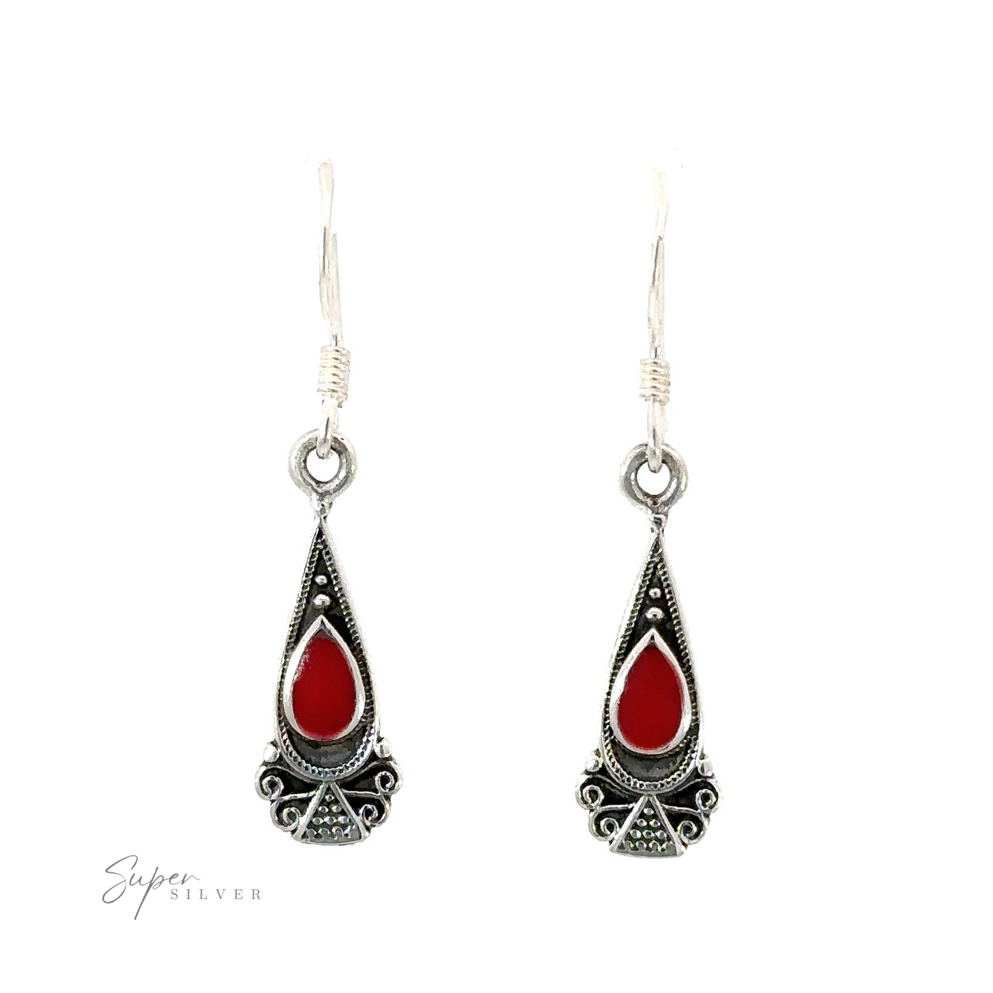 
                  
                    Bali Inspired Teardrop Shaped Earrings With Inlay Stones with a red inlaid stone and silver.
                  
                