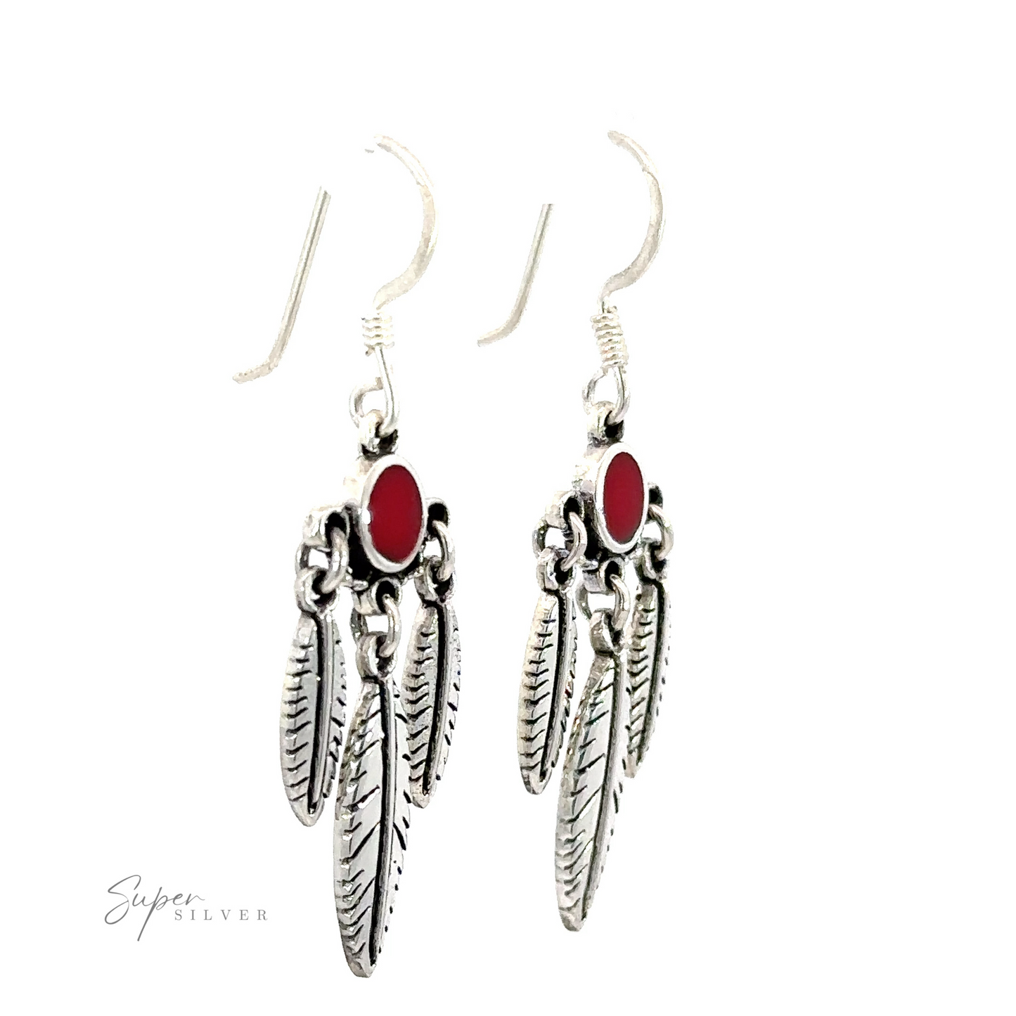 
                  
                    Pair of Western Inspired Earrings With Feather Dangles and Inlay Stones.
                  
                