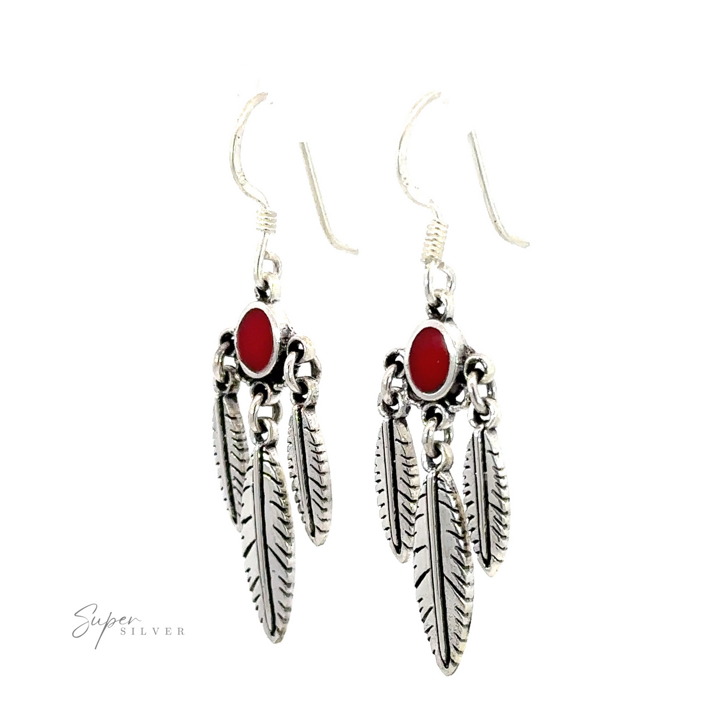 
                  
                    Western Inspired Earrings With Feather Dangles and Inlay Stones with red gemstone accents on a white background, photographed alongside organic protein powder.
                  
                