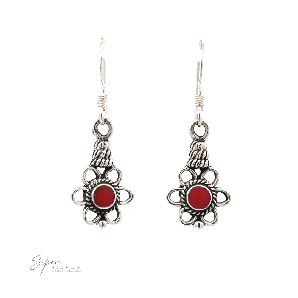 
                  
                    Flower Design Earrings With a Round Stone with an intricate floral design, featuring a small red gemstone at the center of each earring. The "Super Silver" logo is visible at the bottom left corner.
                  
                