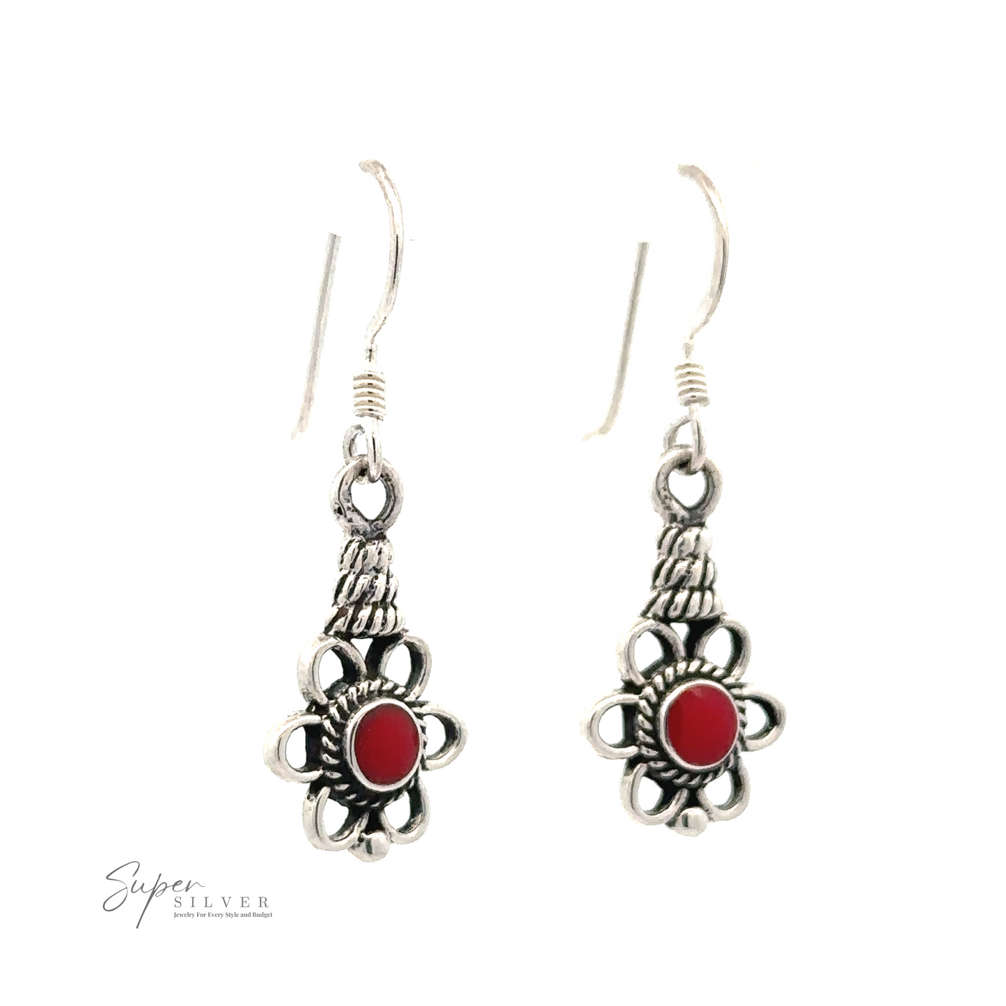 
                  
                    Pair of Flower Design Earrings With a Round Stone; "Super Silver" logo in the bottom left corner.
                  
                