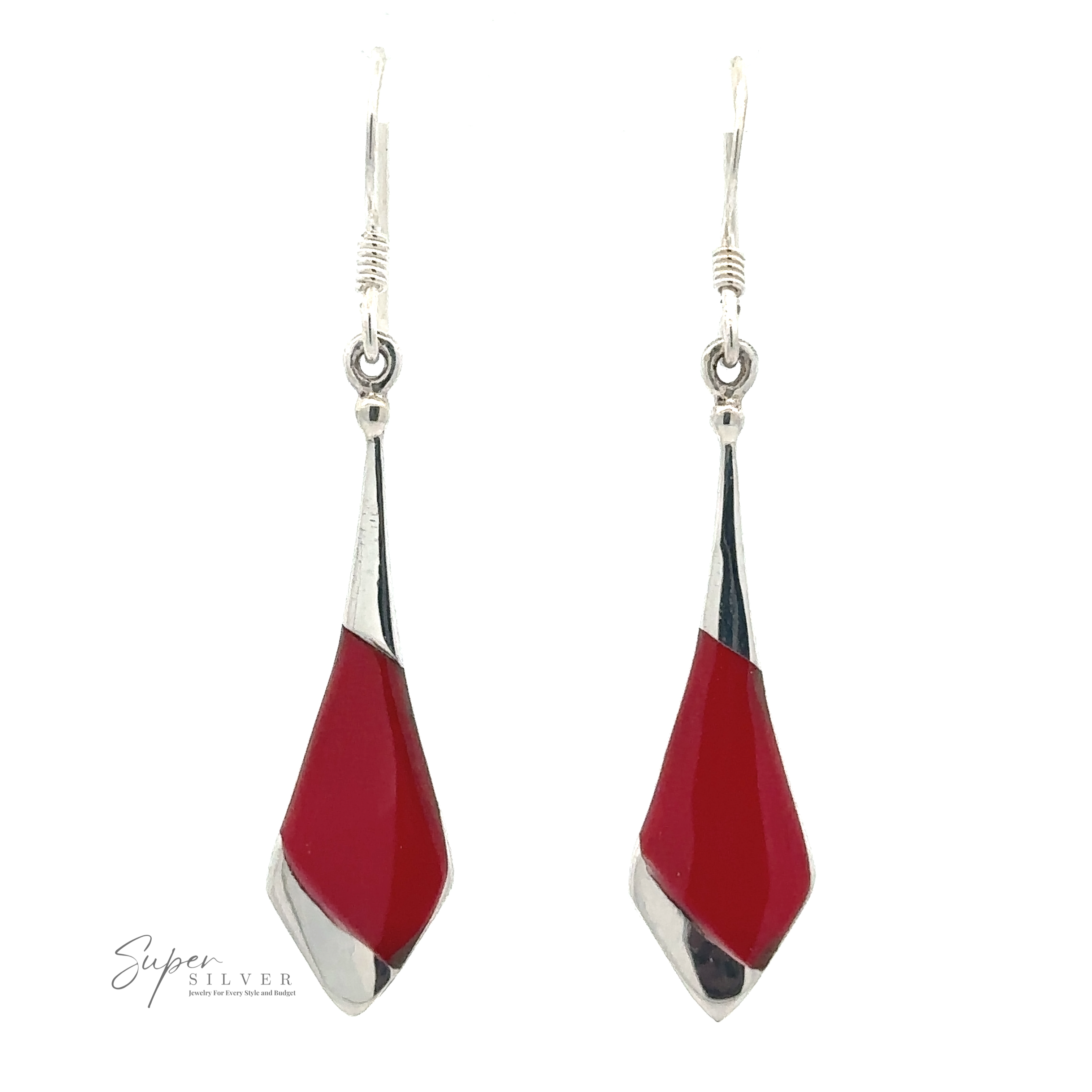 Pair of Inlaid Tie-Shaped Earrings with a sleek, geometric design. The silver hooks have a twisted wire detail. Logo in the bottom left reads "Super Silver".