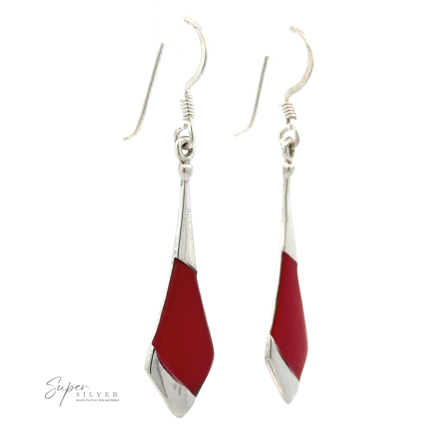 
                  
                    A pair of red and silver Inlaid Tie-Shaped Earrings with a curved design, featuring reconstituted coral accents. The earrings come with hooks for wearing, and "Super Silver" text appears in the corner.
                  
                
