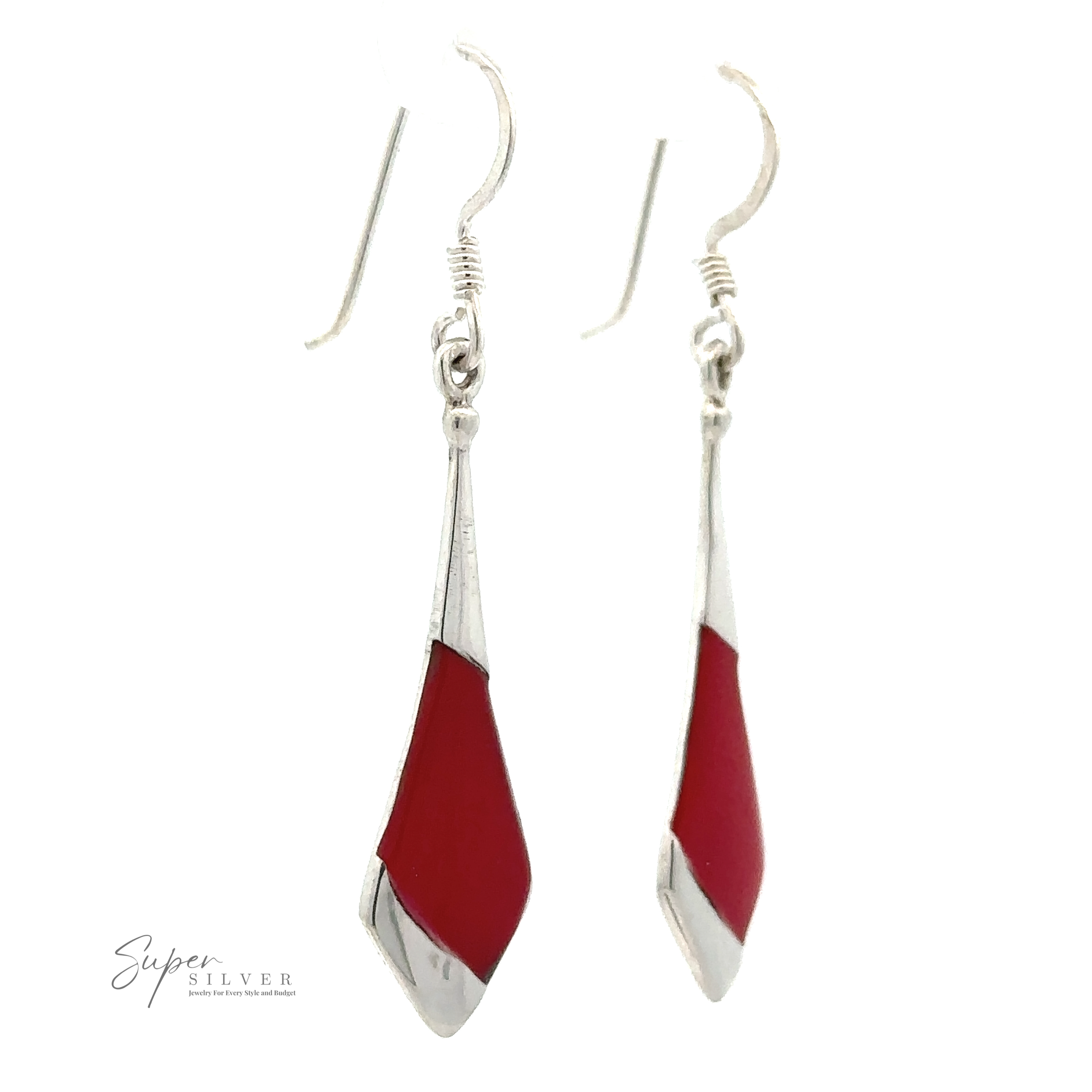 A pair of red and silver Inlaid Tie-Shaped Earrings with a curved design, featuring reconstituted coral accents. The earrings come with hooks for wearing, and "Super Silver" text appears in the corner.
